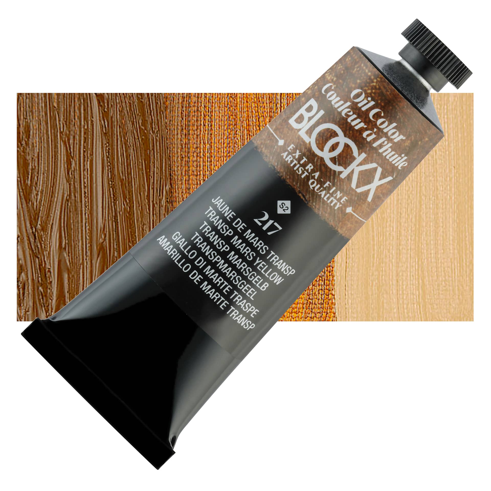 Blockx Artist Oil Color - Transparent Mars Yellow, 35 ml tube and swatch
