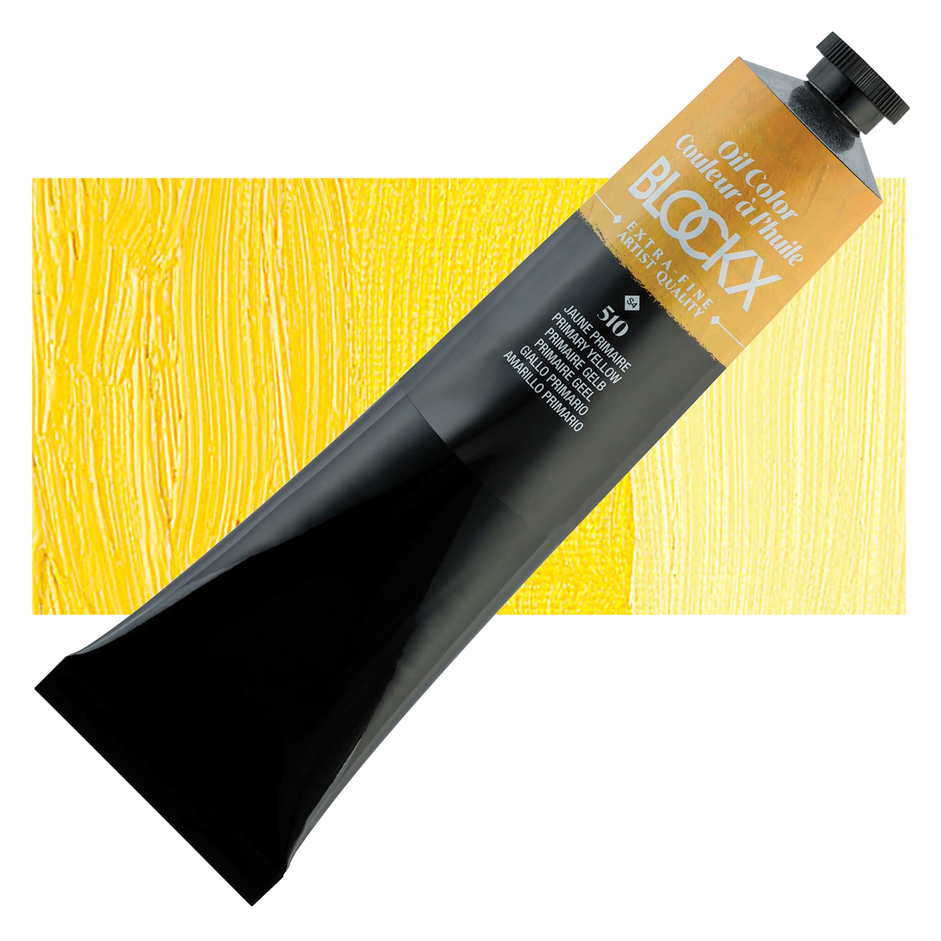 Blockx Artist Oil Color - Primary Yellow, 200 ml tube and swatch