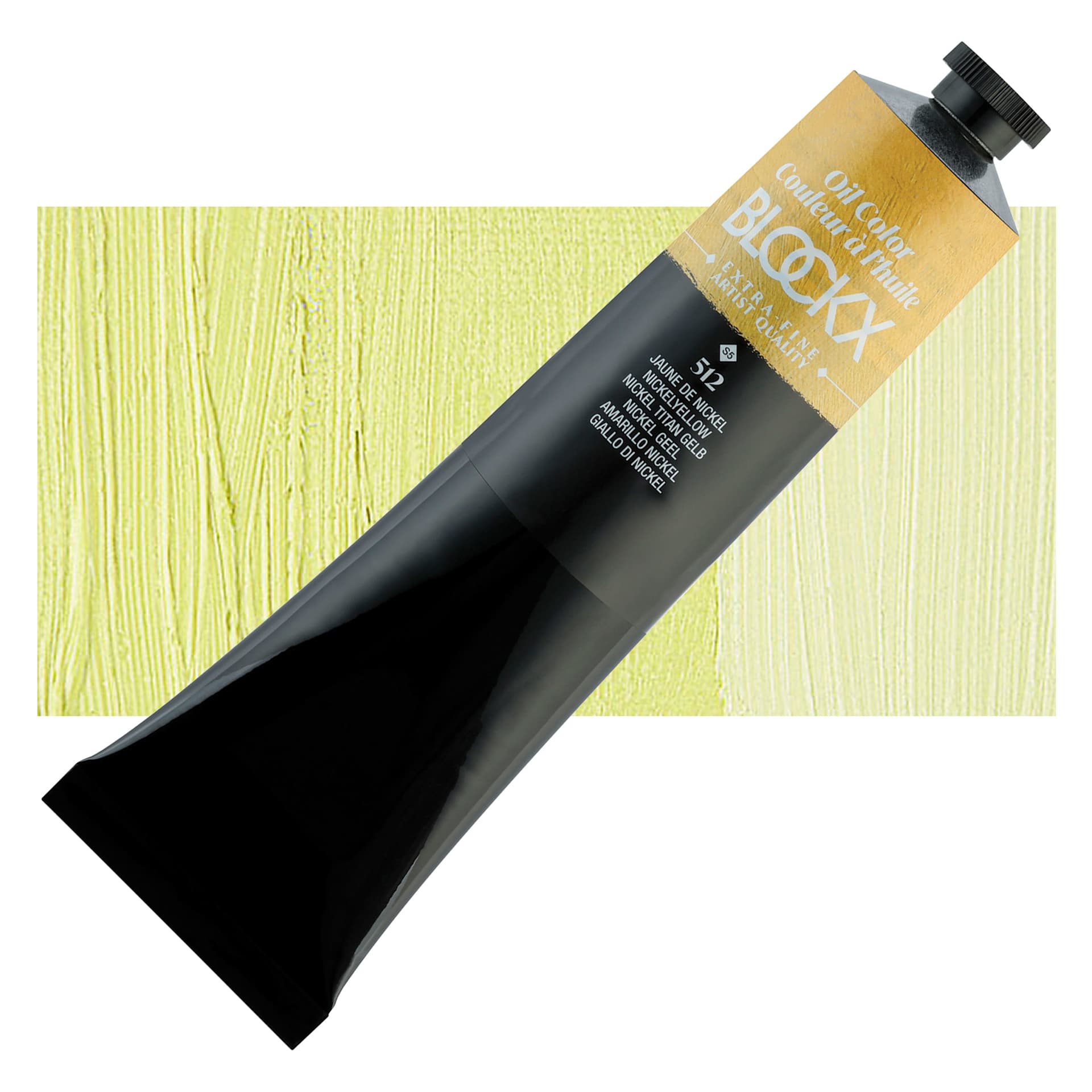 Blockx Artist Oil Color - Nickel Yellow, 200 ml tube and swatch