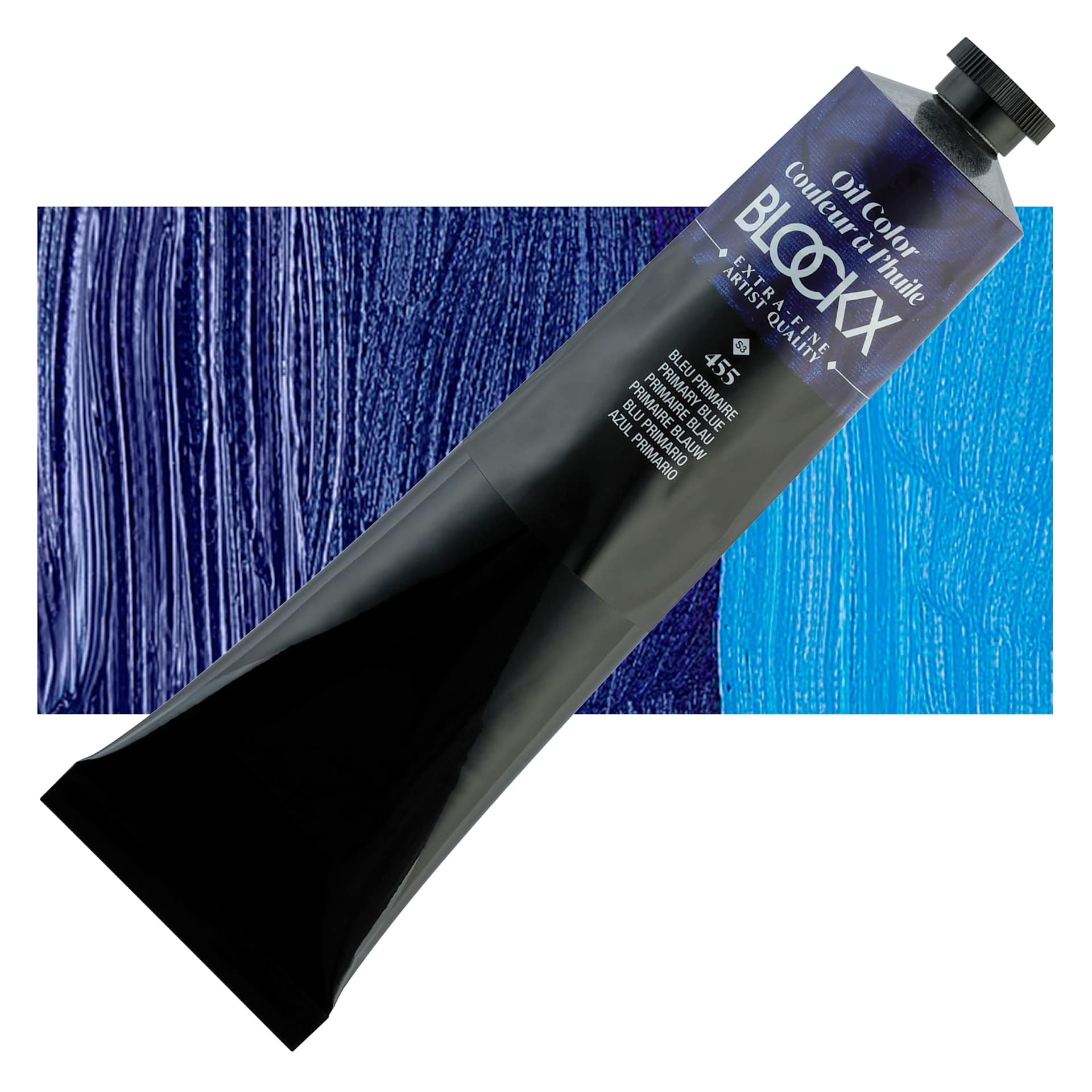 Blockx Artist Oil Color - Primary Blue, 200 ml tube and swatch