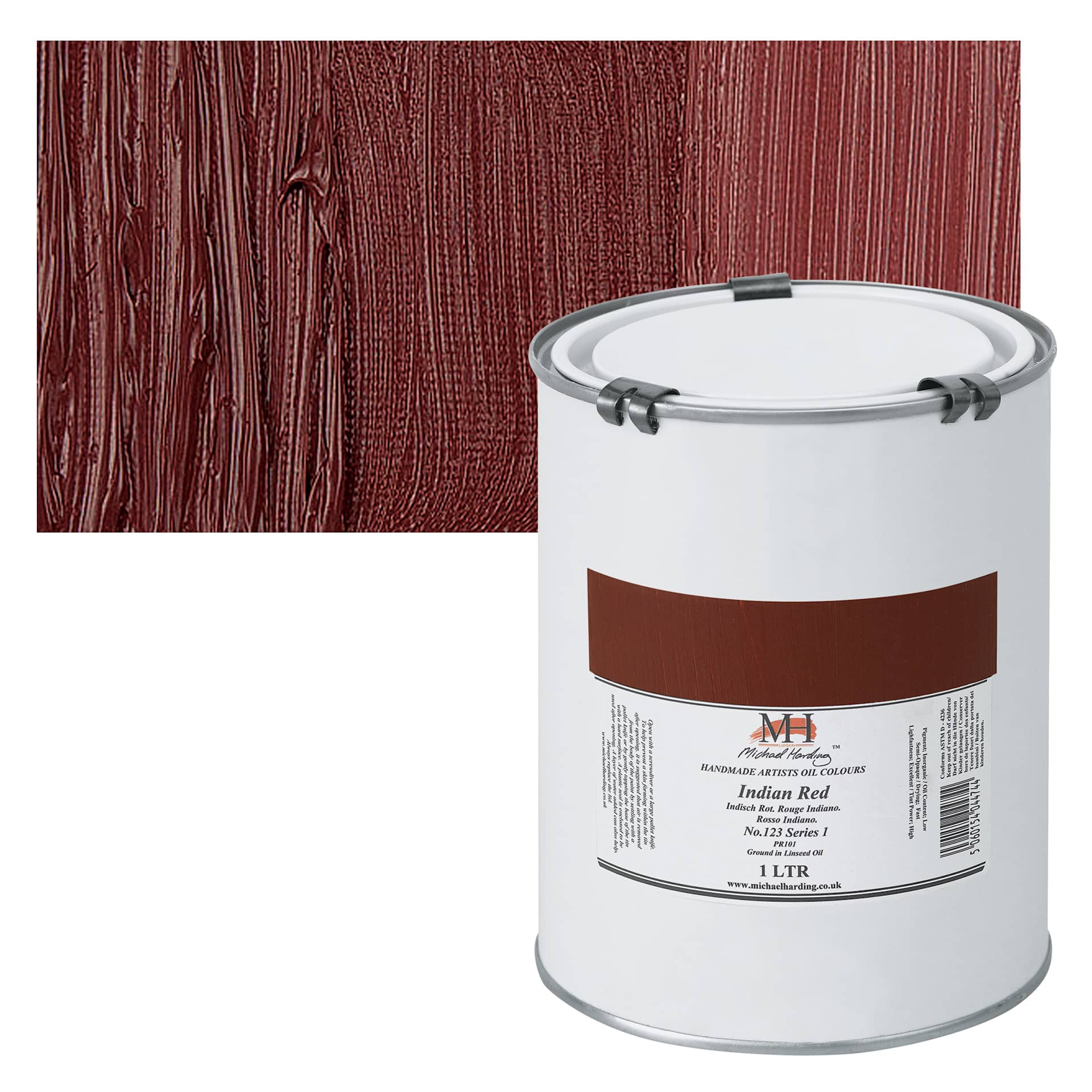 Michael Harding Artists Oil Paint - Indian Red, 1 Liter and swatch