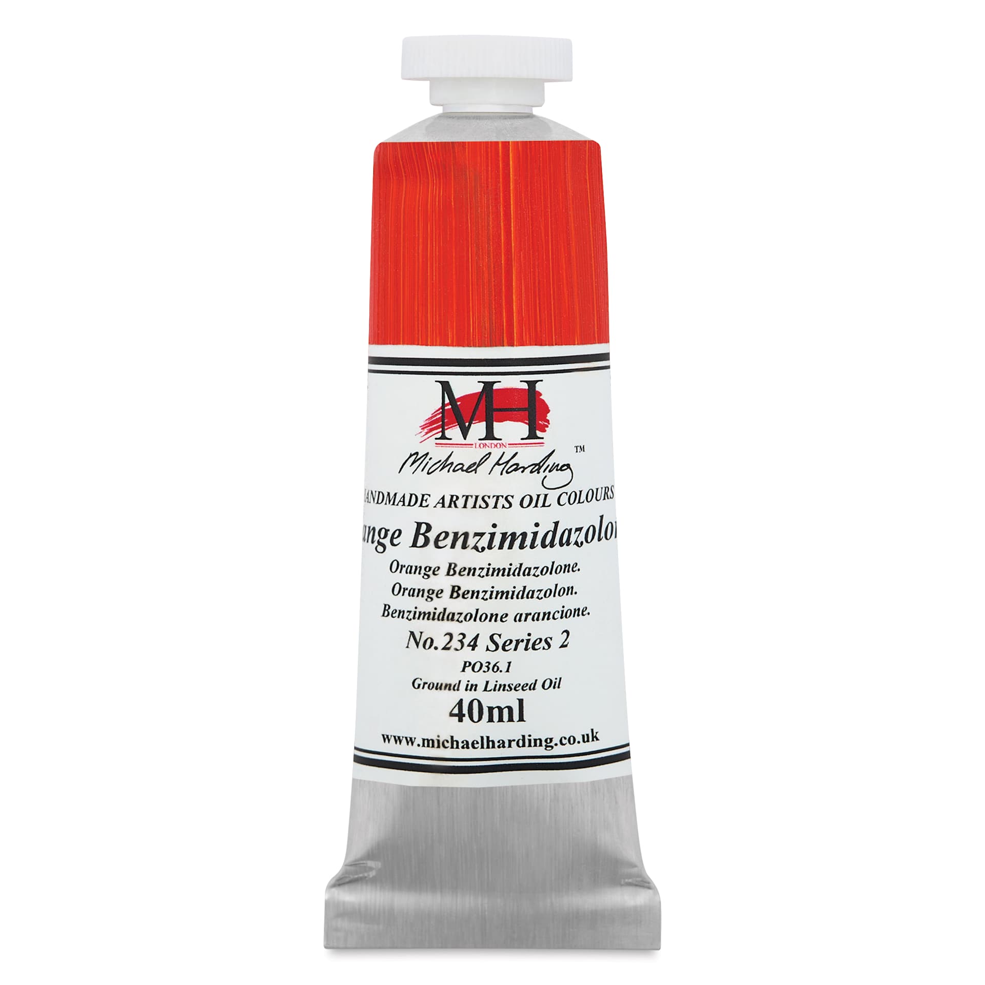Michael Harding Artists Oil Color - Orange Benzimidazolone, front of 40 ml tube