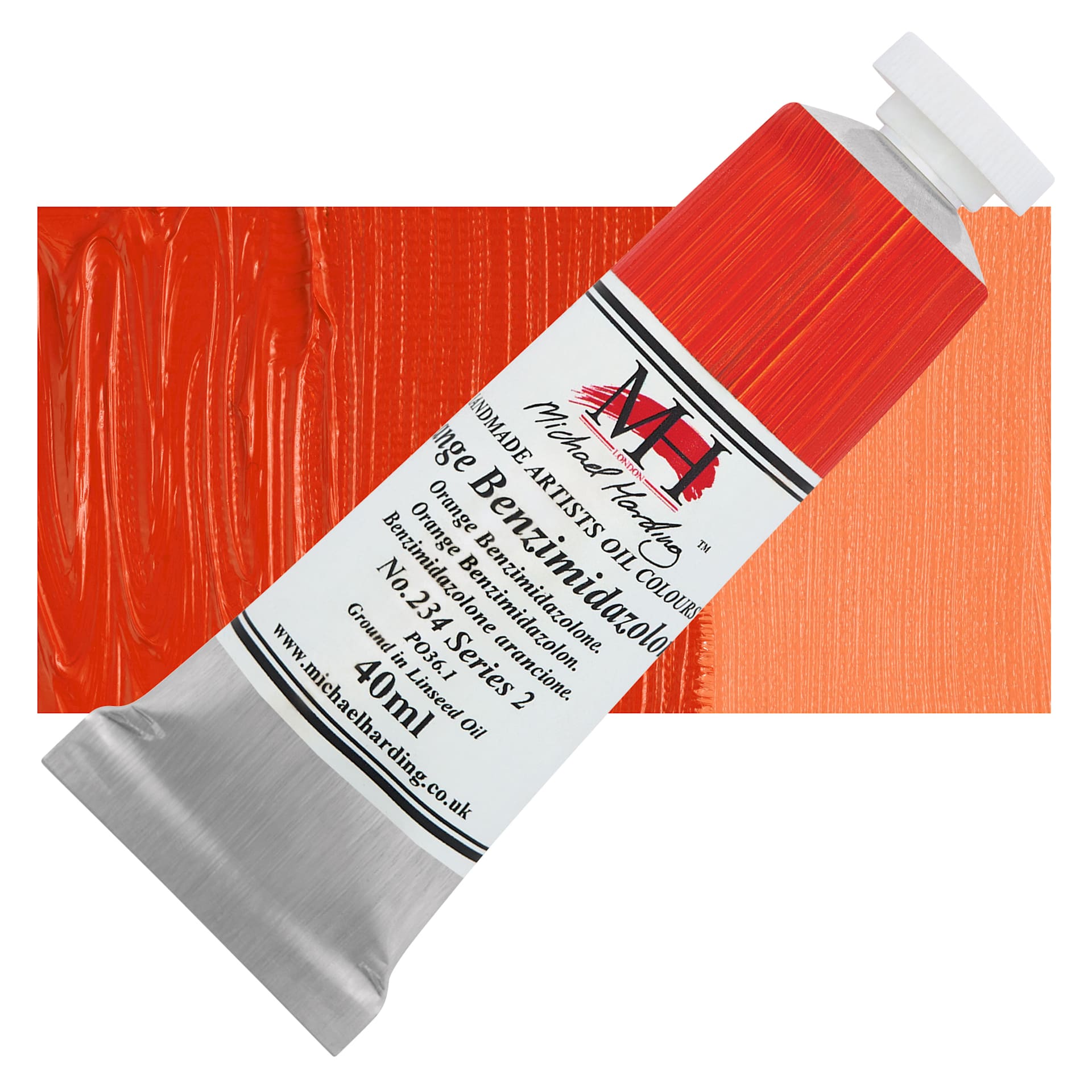 Michael Harding Artists Oil Color - Orange Benzimidazolone, 40 ml tube and swatch