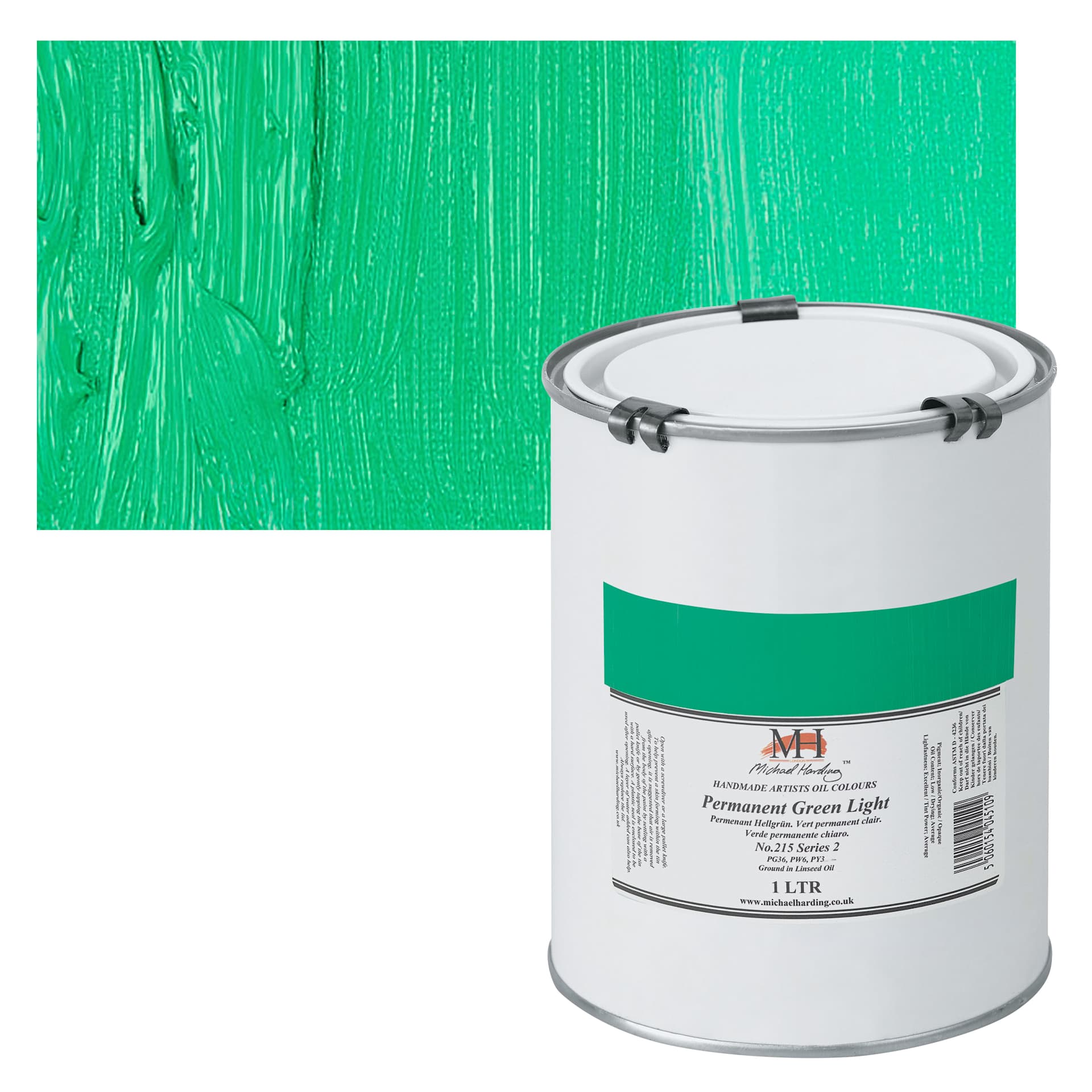 Michael Harding Artists Oil Paint - Permanent Green Light, 1 Liter and swatch