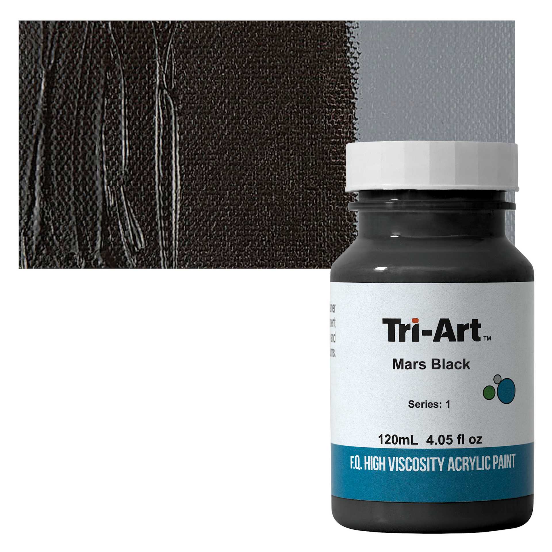 Tri-Art High Viscosity Artist Acrylic - Mars Black, 120 ml jar and swatch