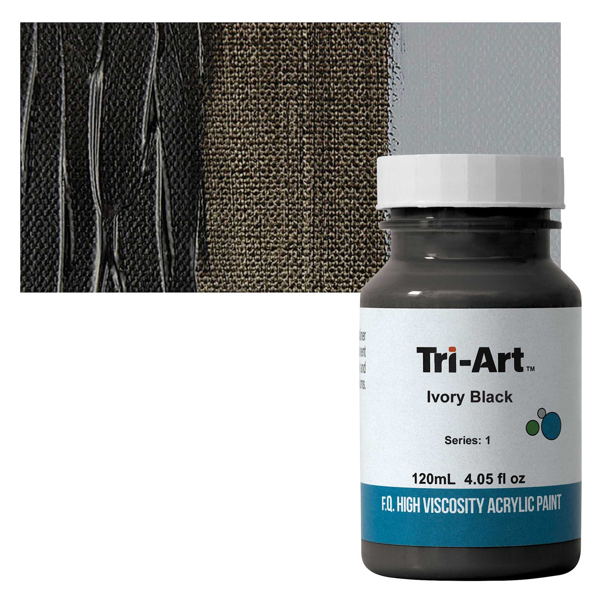 Tri-Art High Viscosity Artist Acrylic - Ivory Black, 120 ml jar and swatch