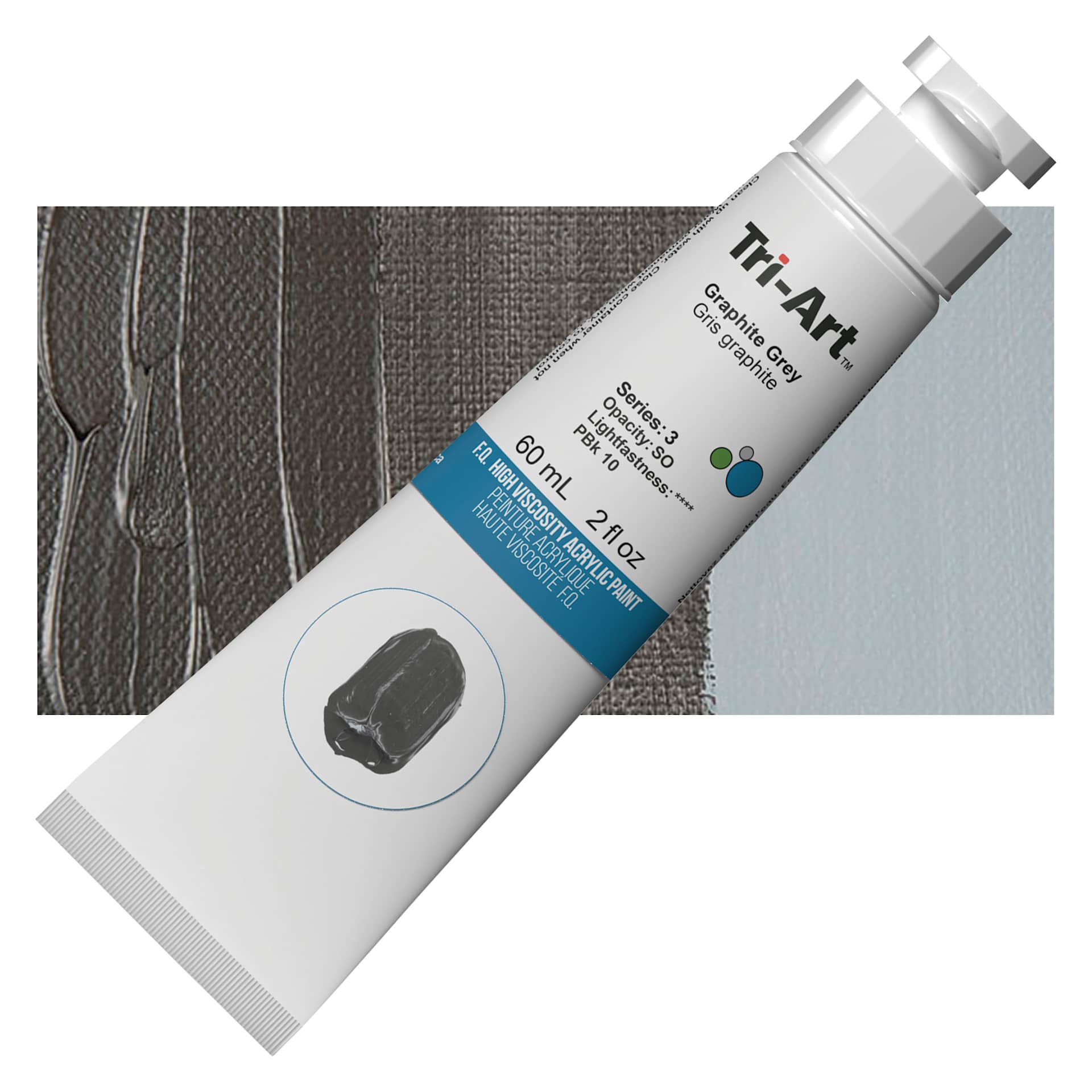 Tri-Art High Viscosity Artist Acrylic - Graphite Gray, 60 ml tube and swatch