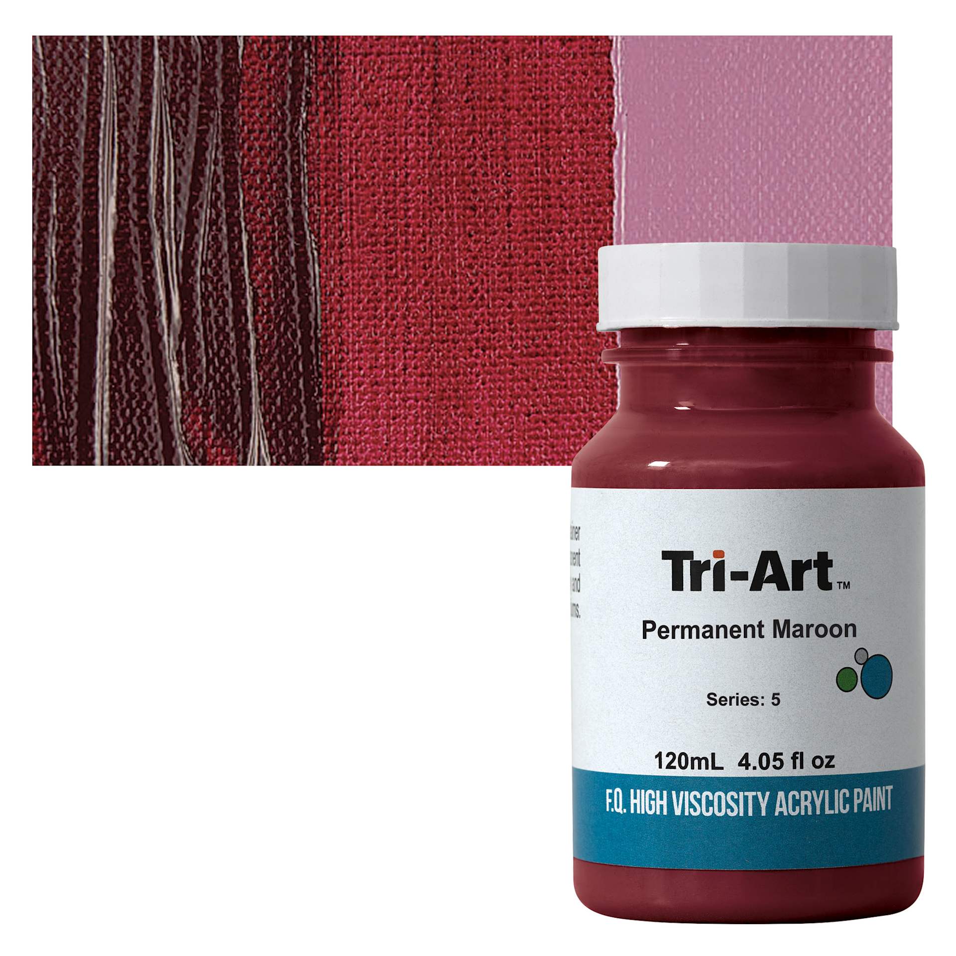 Tri-Art High Viscosity Artist Acrylic - Permanent Maroon, 120 ml jar and swatch