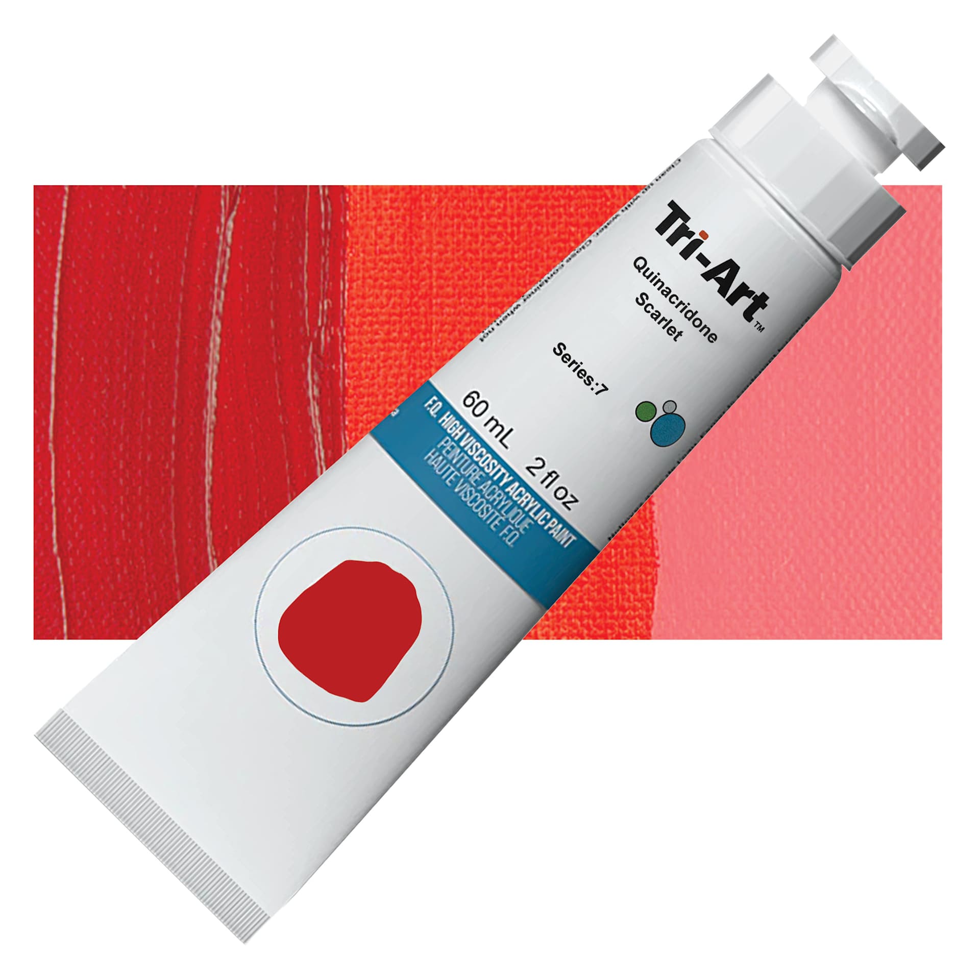Tri-Art High Viscosity Artist Acrylic - Quinacridone Scarlet, 60 ml tube and swatch