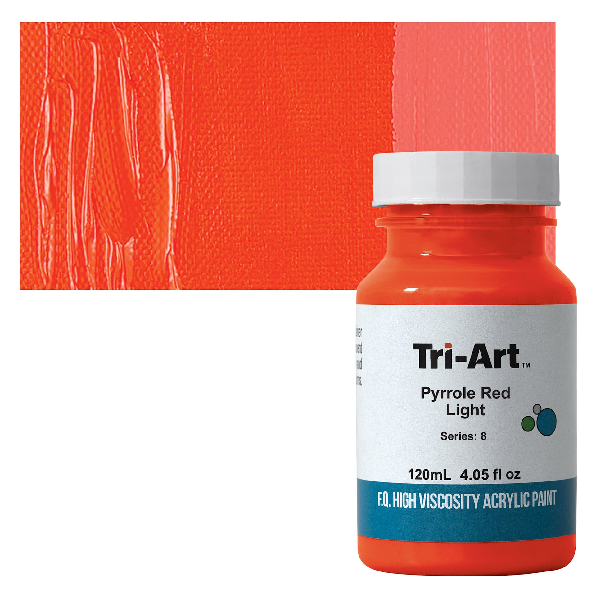 Tri-Art High Viscosity Artist Acrylic - Pyrrole Red Light, 120 ml jar and swatch