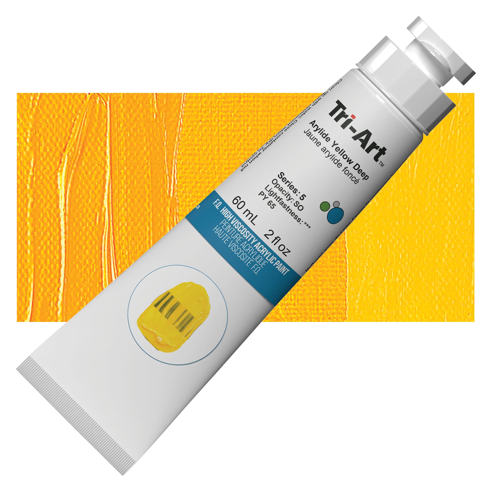 Tri-Art High Viscosity Artist Acrylic - Arylide Yellow Deep, 60 ml tube and swatch