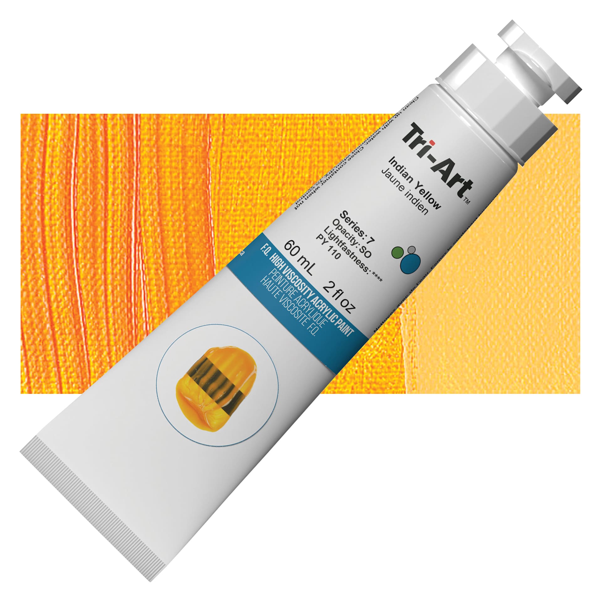 Tri-Art High Viscosity Artist Acrylic - Indian Yellow, 60 ml tube and swatch
