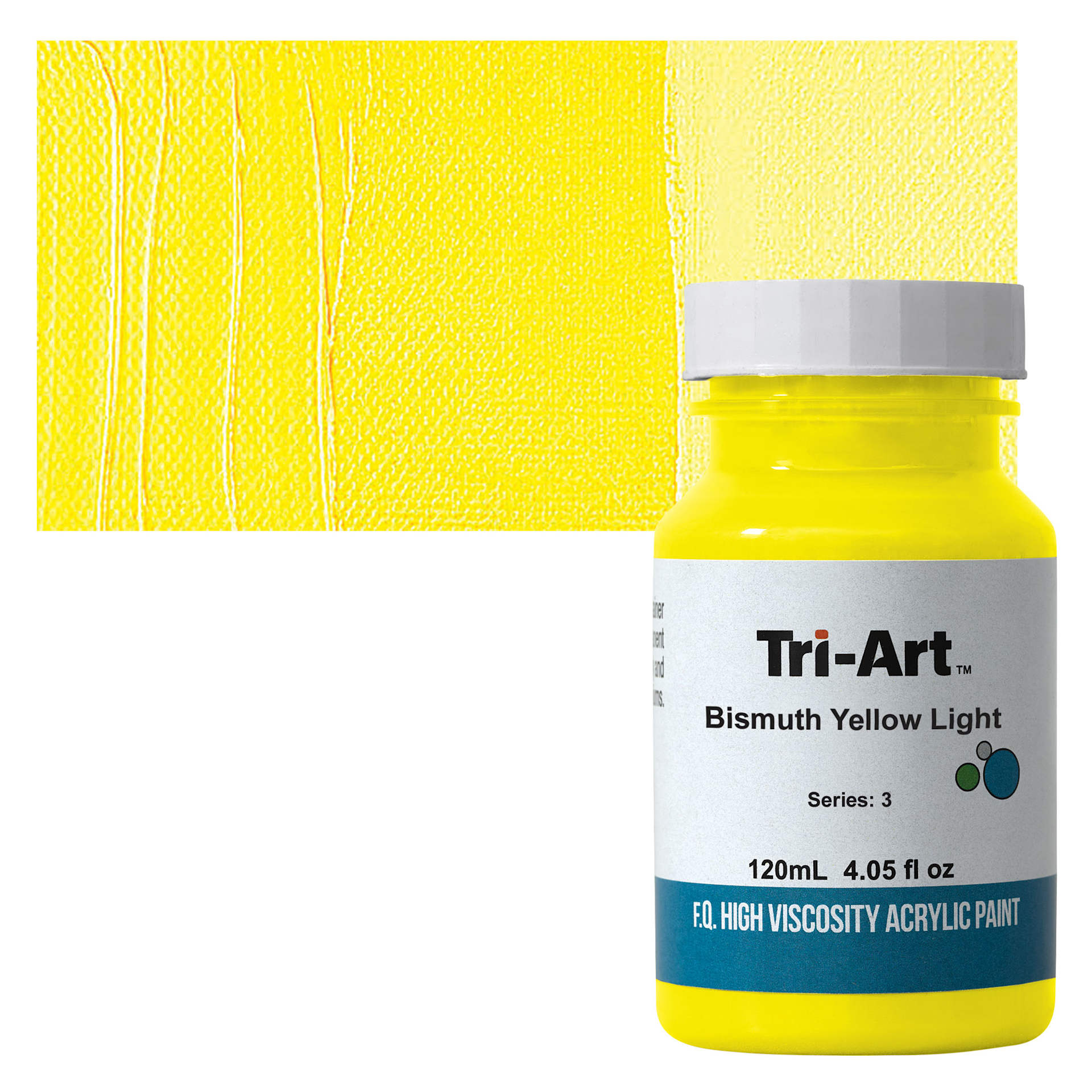Tri-Art High Viscosity Artist Acrylic - Bismuth Yellow Light, 120 ml jar and swatch