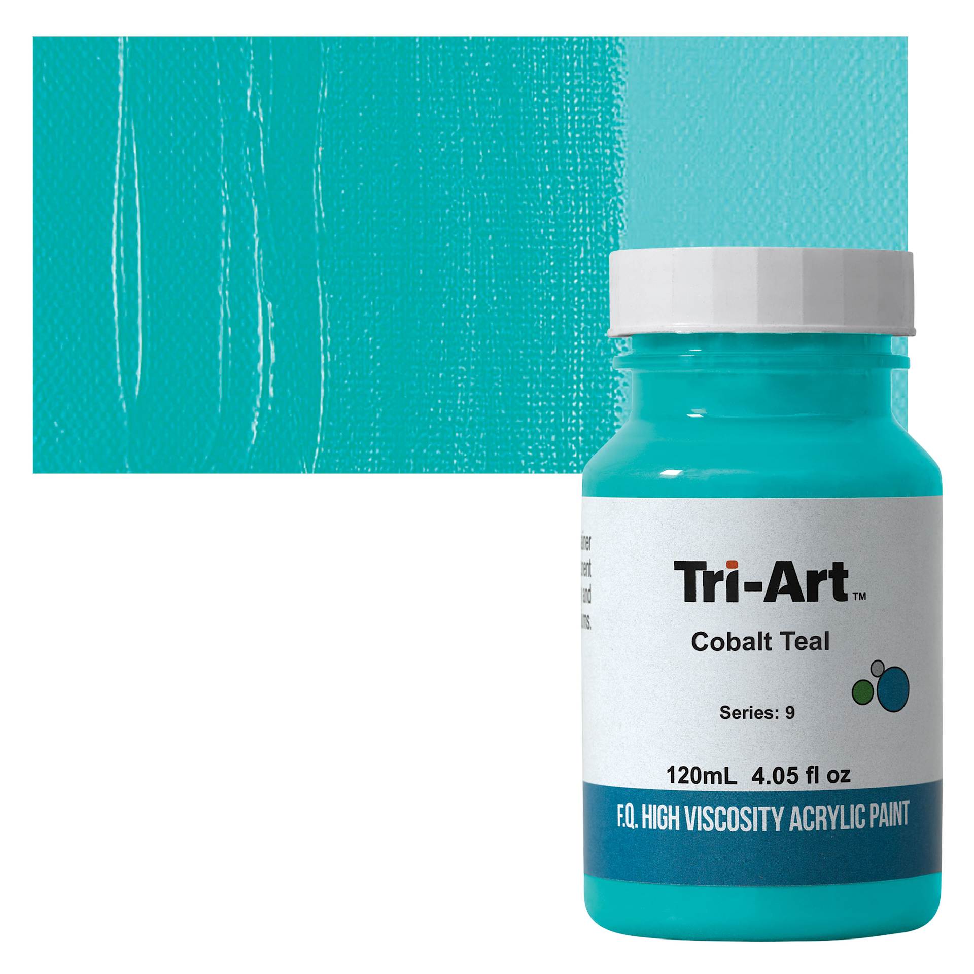 Tri-Art High Viscosity Artist Acrylic - Cobalt Teal, 120 ml jar and swatch