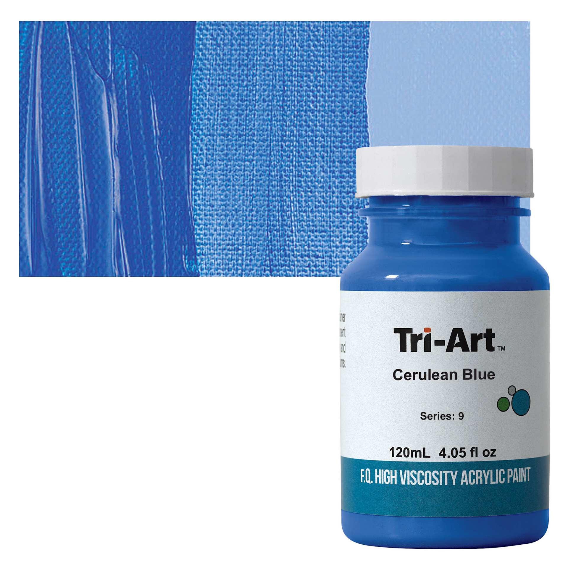 Tri-Art High Viscosity Artist Acrylic - Cerulean Blue, 120 ml jar and swatch
