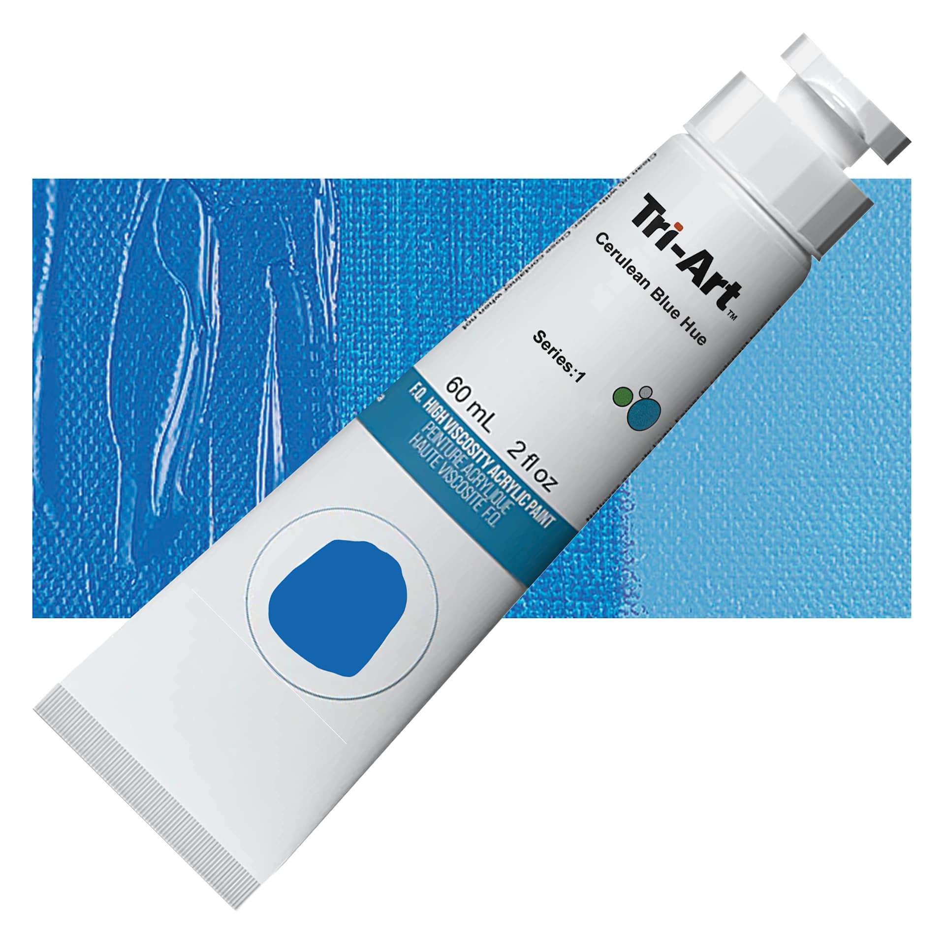 Tri-Art High Viscosity Artist Acrylic - Cerulean Blue Hue, 60 ml tube and swatch