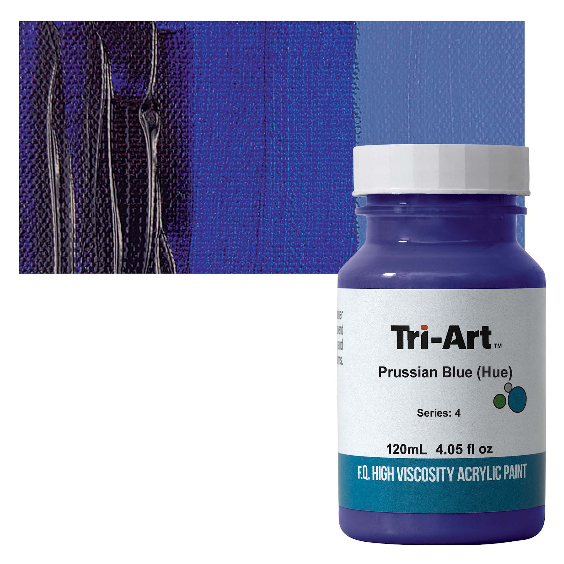 Tri-Art High Viscosity Artist Acrylic - Prussian Blue Hue, 120 ml jar and swatch