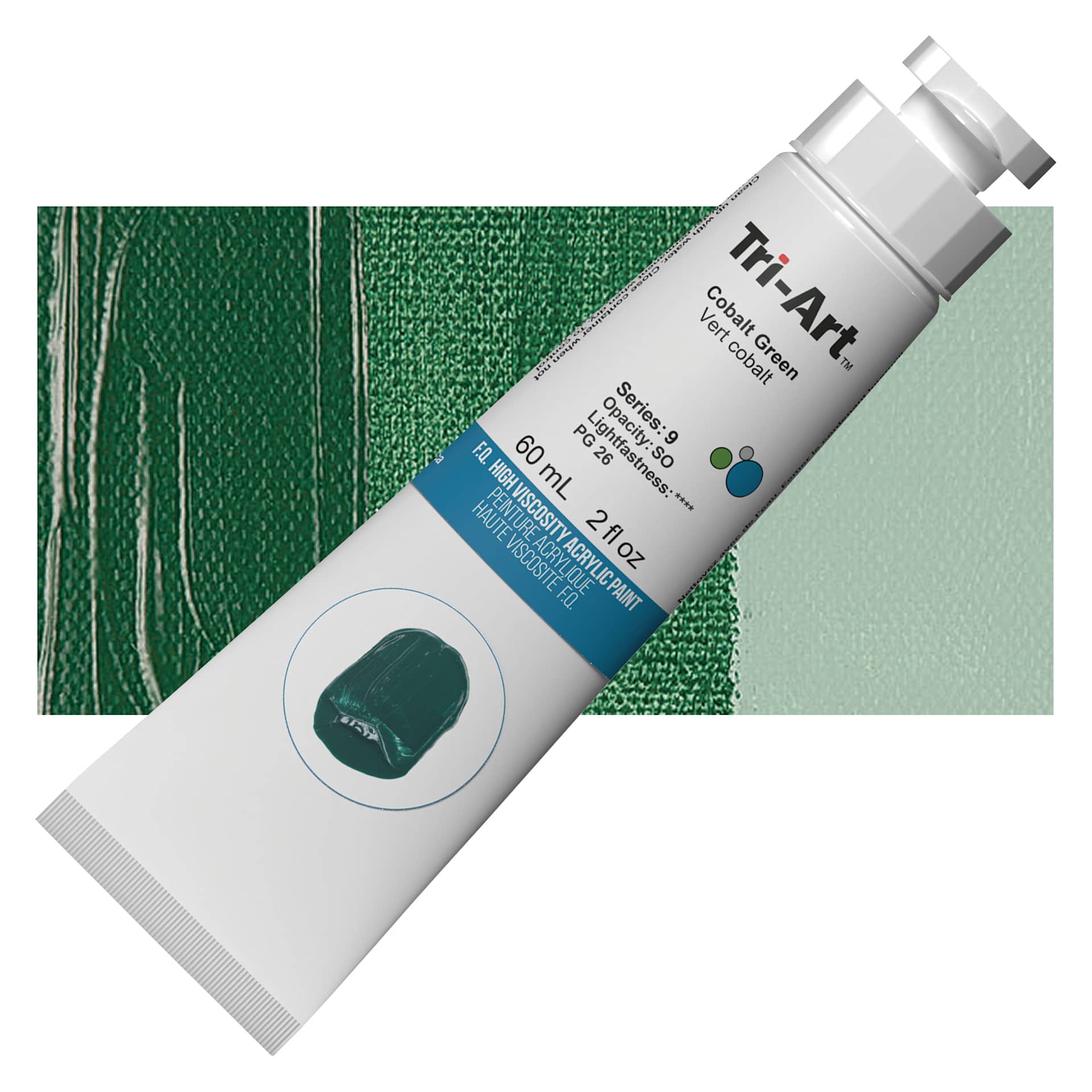 Tri-Art High Viscosity Artist Acrylic - Cobalt Green, 60 ml tube and swatch