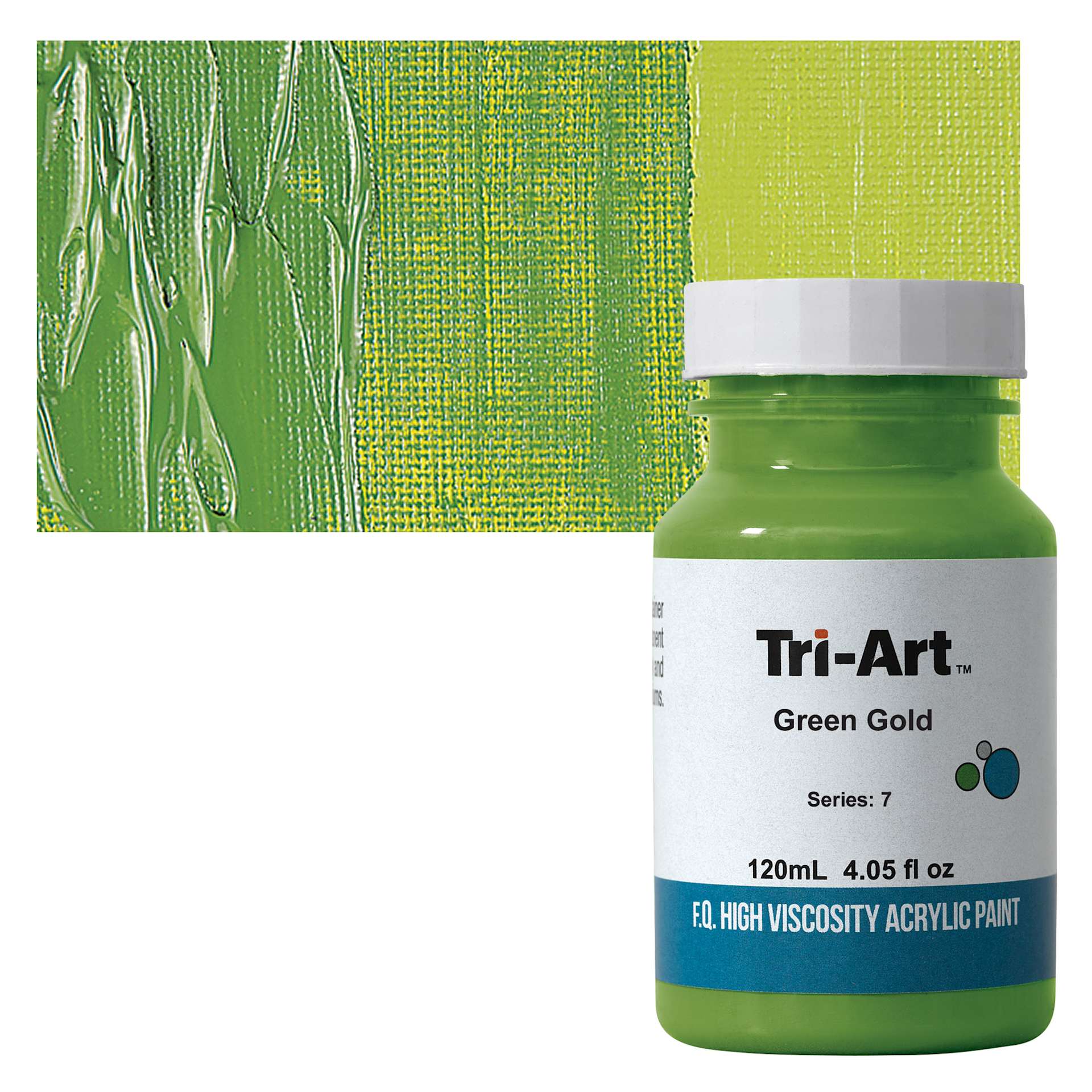 Tri-Art High Viscosity Artist Acrylic - Green Gold, 120 ml jar and swatch