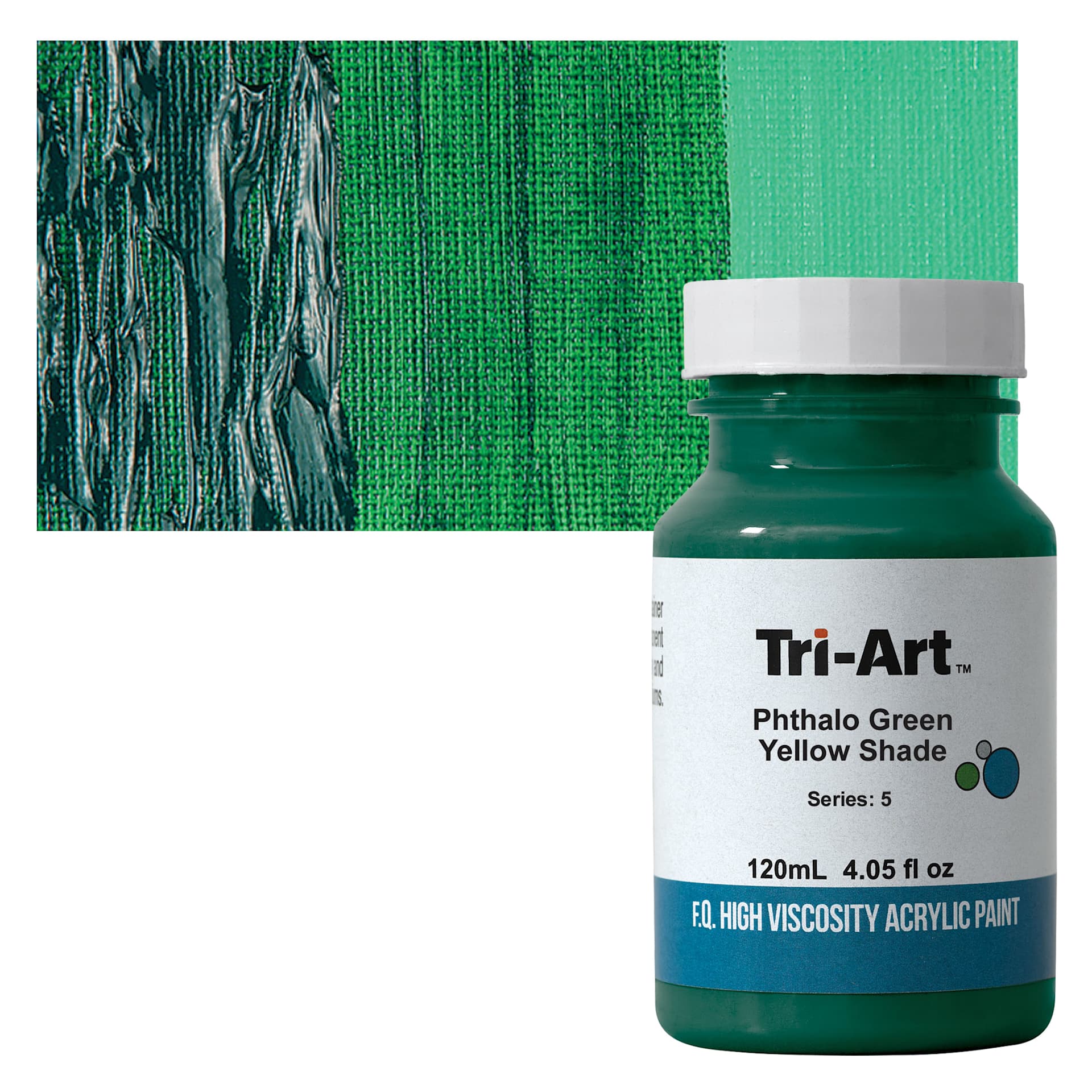 Tri-Art High Viscosity Artist Acrylic - Phthalo Green Yellow Shade, 120 ml jar and swatch