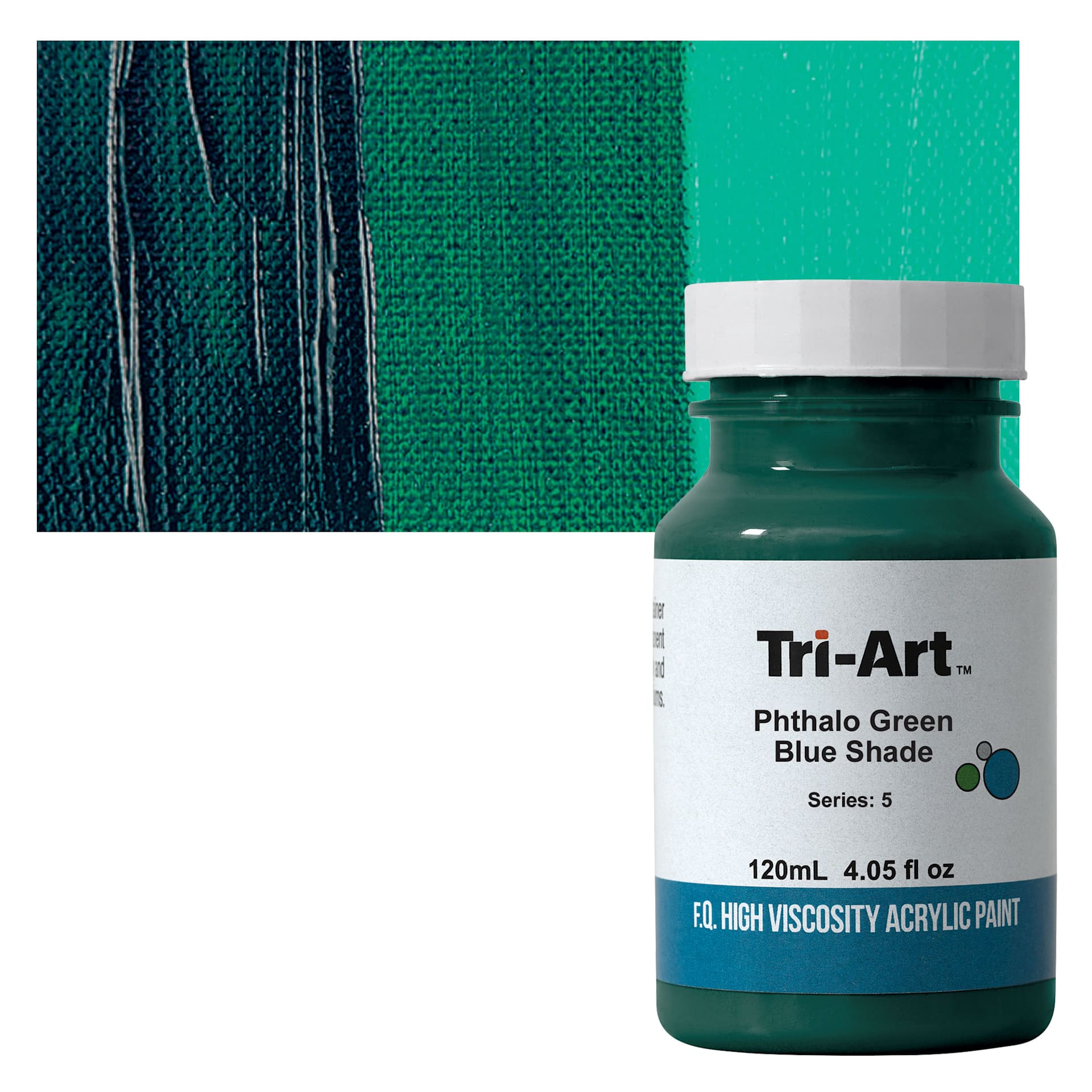 Tri-Art High Viscosity Artist Acrylic - Phthalo Green Blue Shade, 120 ml jar and swatch