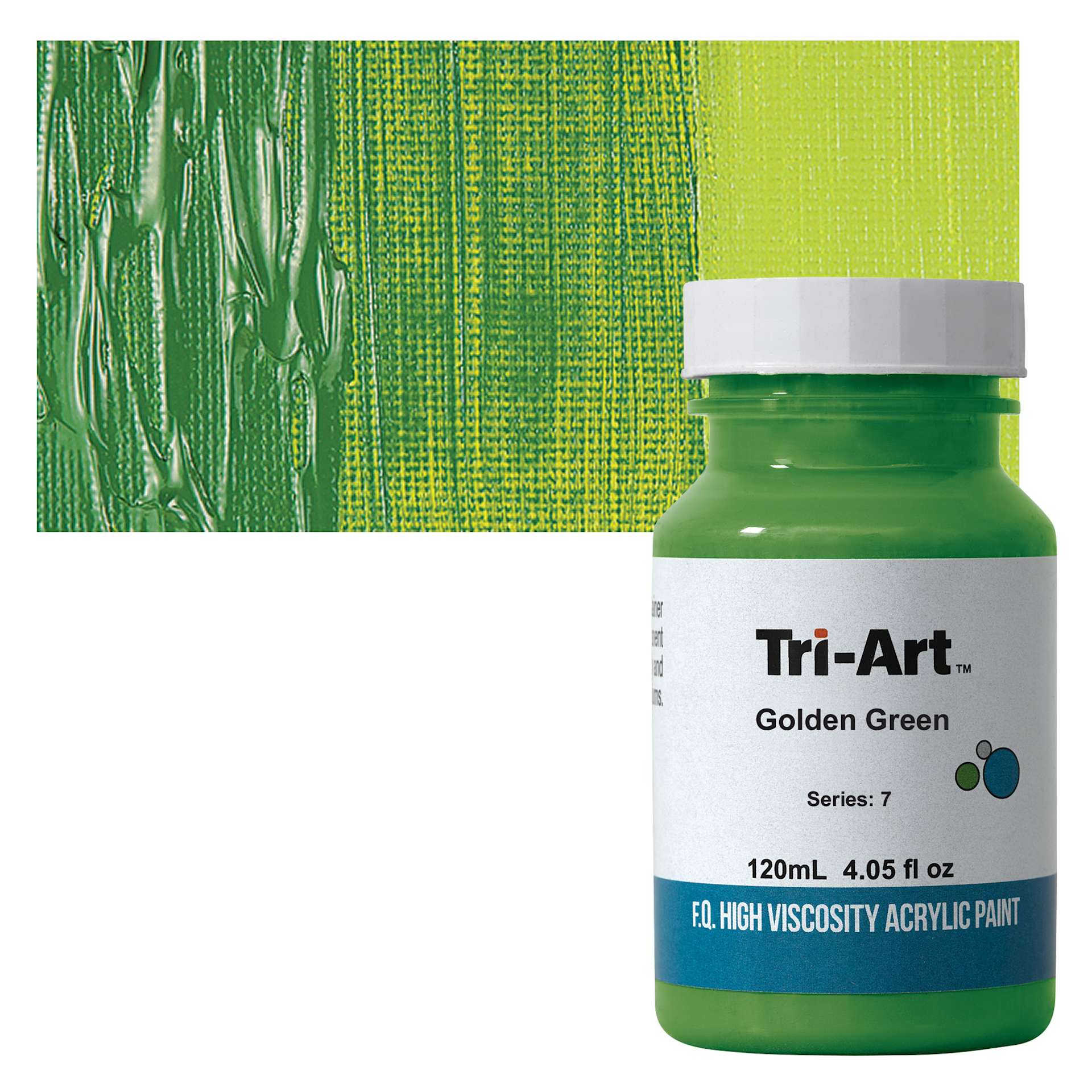 Tri-Art High Viscosity Artist Acrylic - Golden Green, 120 ml jar and swatch