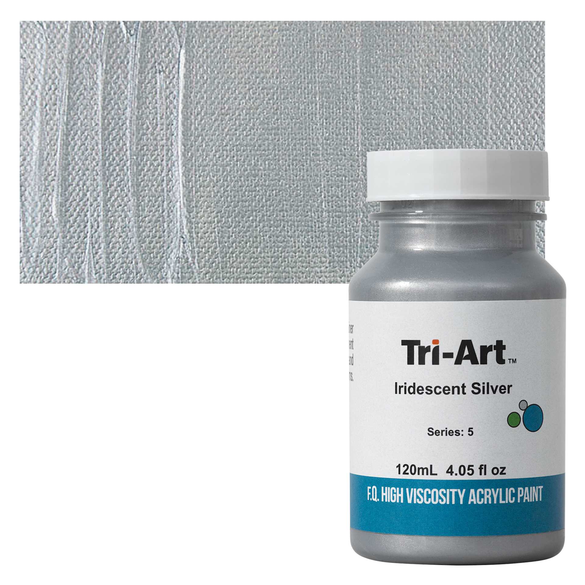 Tri-Art High Viscosity Artist Acrylic - Iridescent Silver, 120 ml jar and swatch