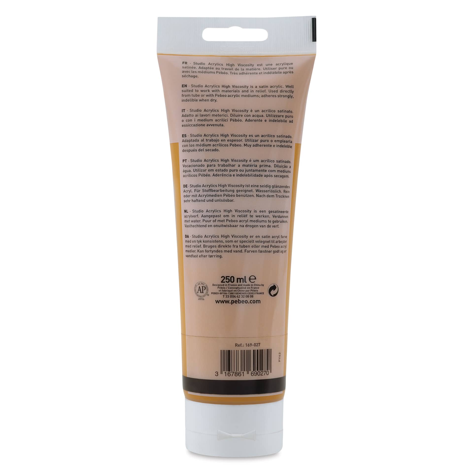 Pebeo High Viscosity Acrylics - Yellow Ochre, back of 250 ml Tube