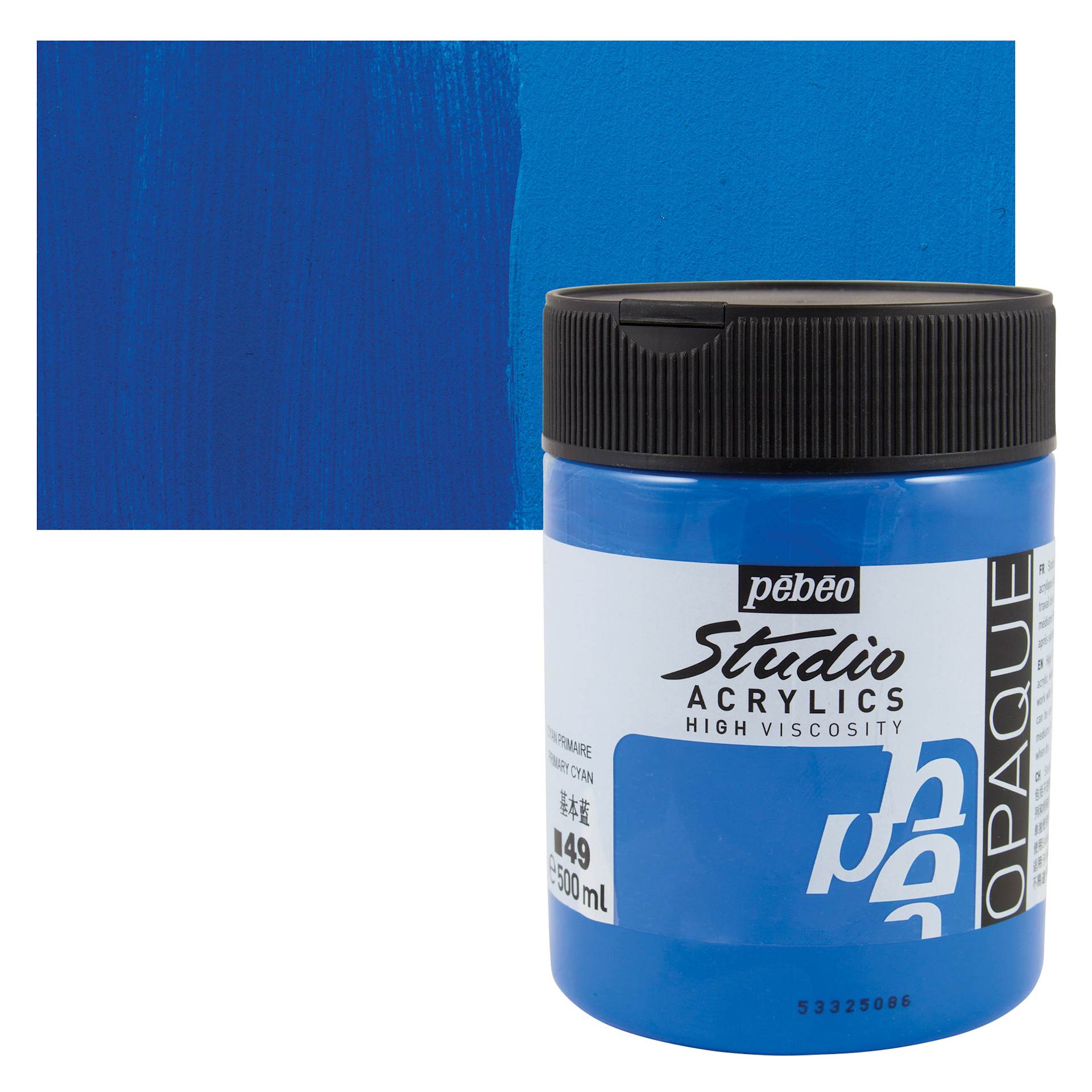 Pebeo High Viscosity Acrylic - Opaque Primary Cyan, 500 ml, Jar and swatch