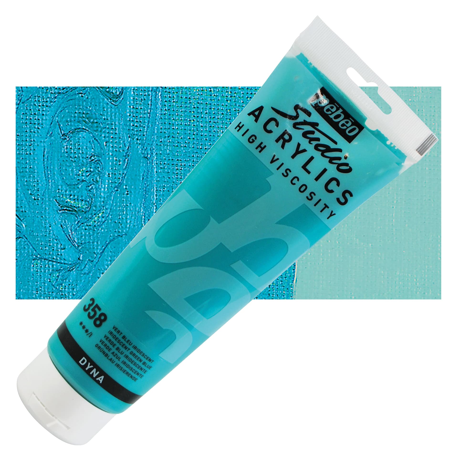 Pebeo High Viscosity Acrylic - Iridescent Green/Blue, 250 ml, Tube and swatch