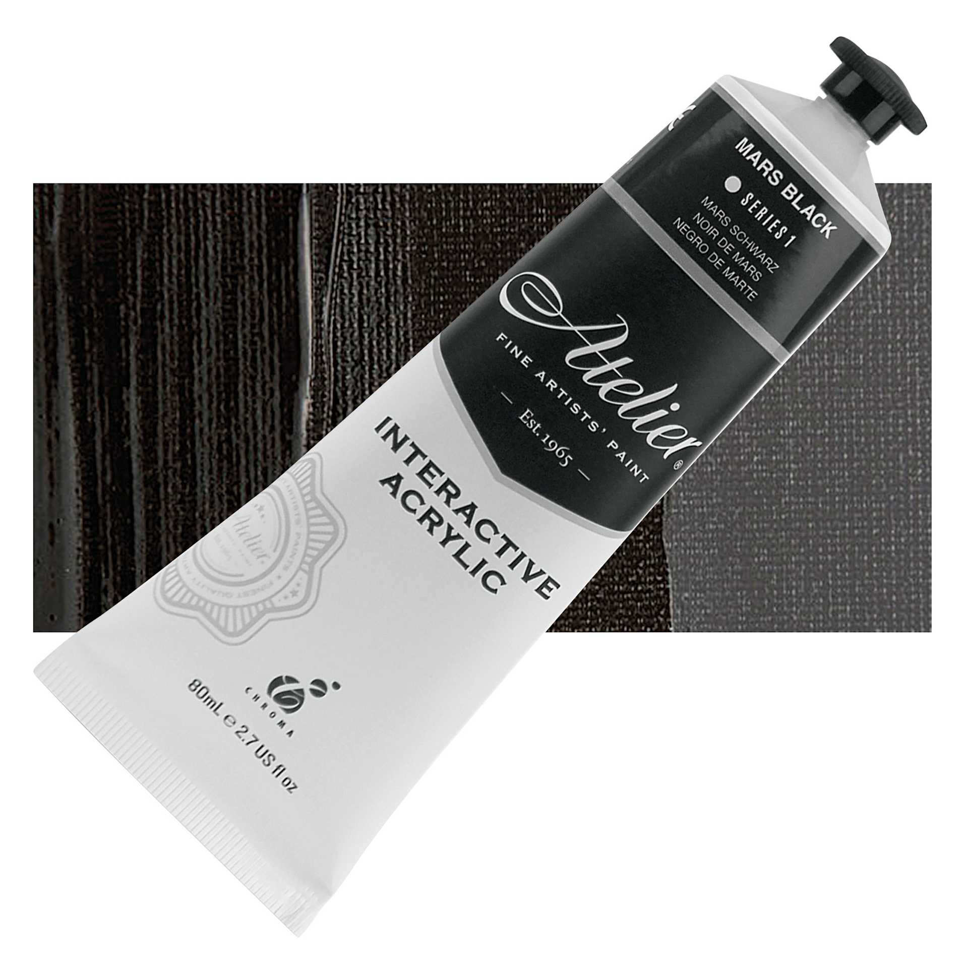 Chroma Atelier Interactive Artists' Acrylic - Mars Black, 80 ml tube and swatch