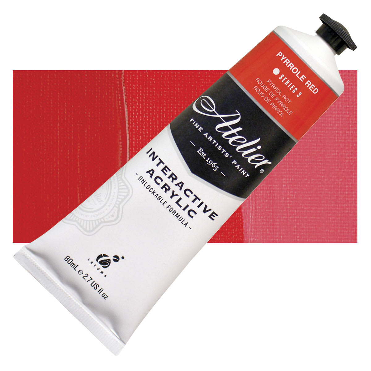 Chroma Atelier Interactive Artists' Acrylic - Pyrrole Red, 80 ml tube and swatch