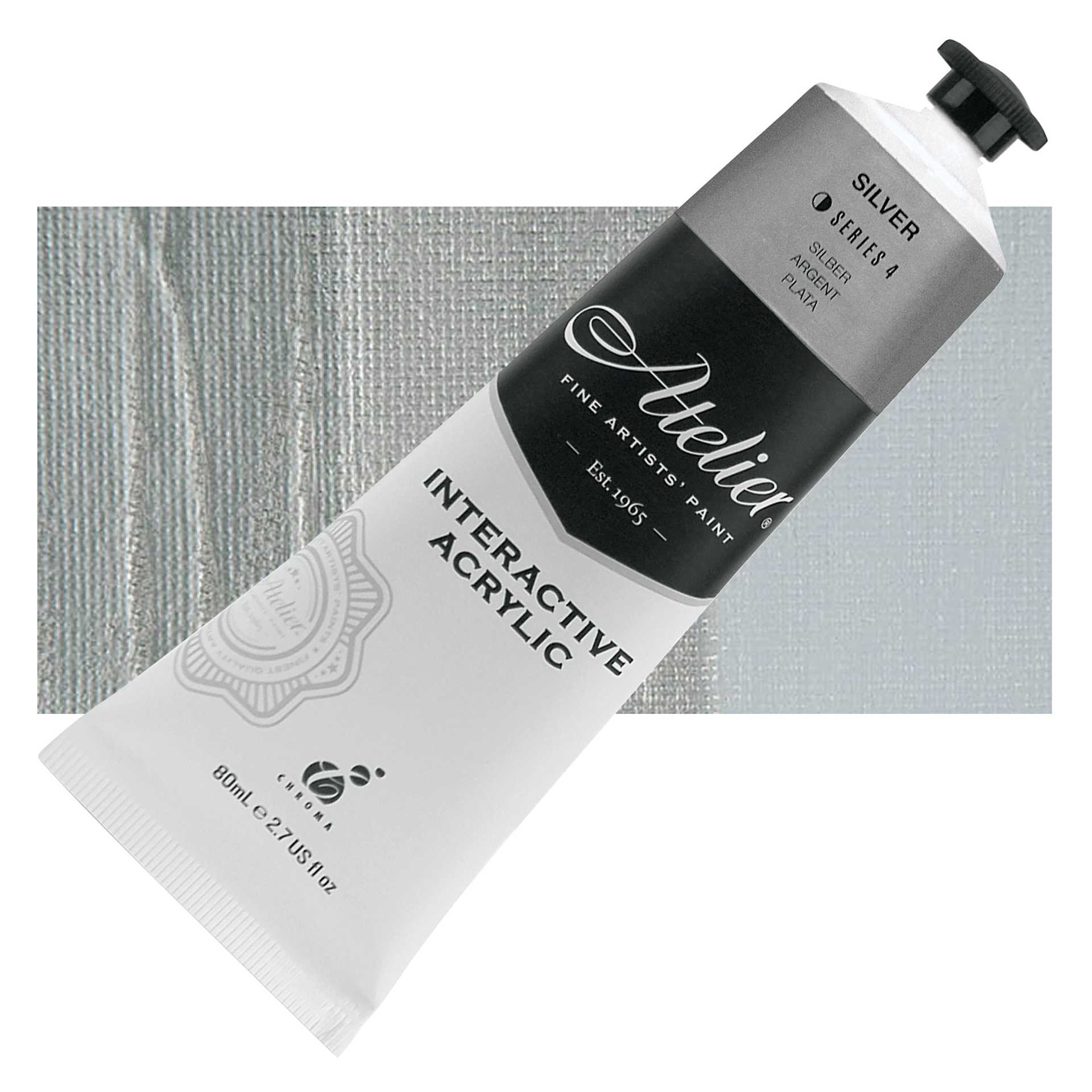 Chroma Atelier Interactive Artists' Acrylic - Silver, 80 ml tube and swatch