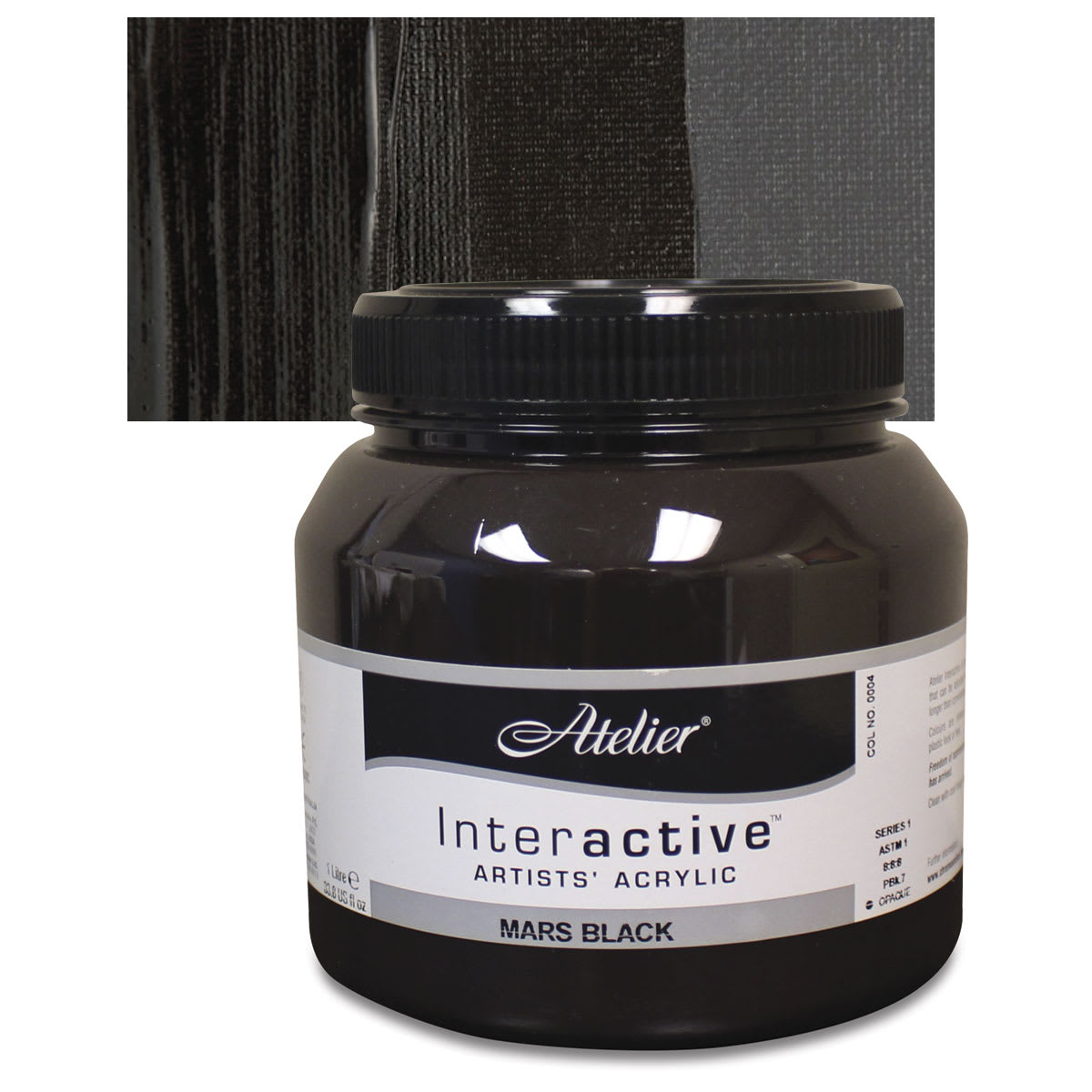 Chroma Atelier Interactive Artists' Acrylic - Mars Black, Liter jar and swatch