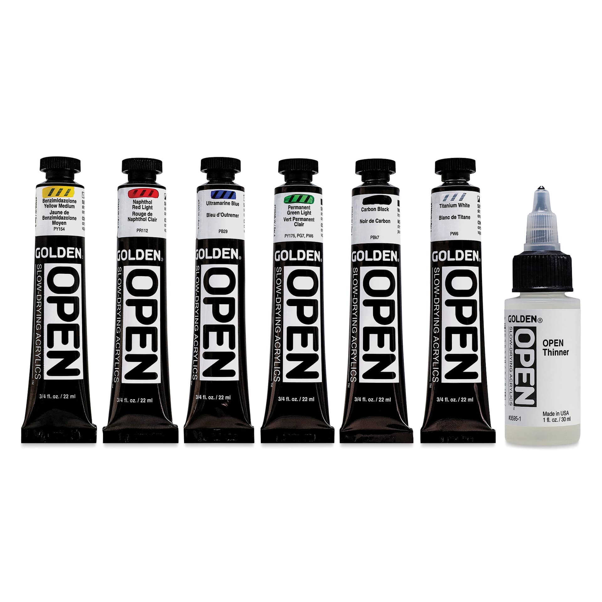 Golden Open Acrylics - Intro Colors, Set of 6 with Thinner, 22 ml set contents