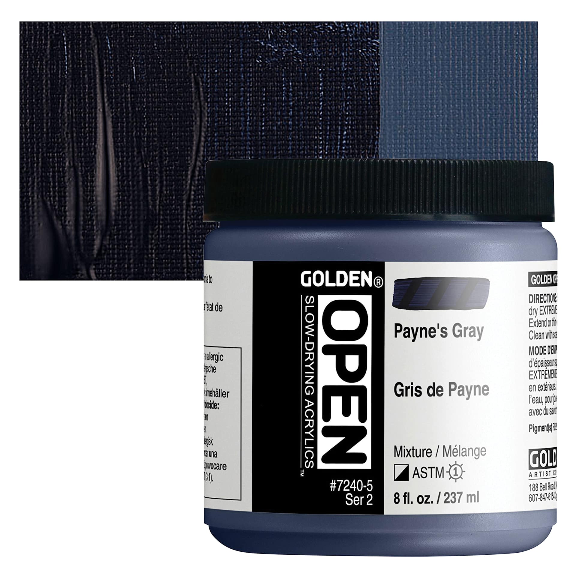 Golden Open Acrylic - Paynes Gray, 8 oz Jar and swatch