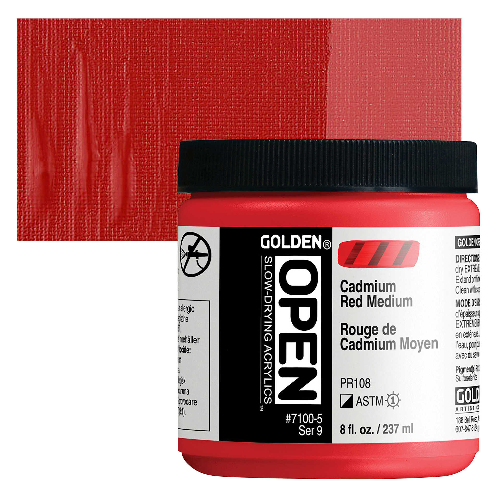 Golden Open Acrylic - Cadmium Red Medium, 8 oz Jar and swatch