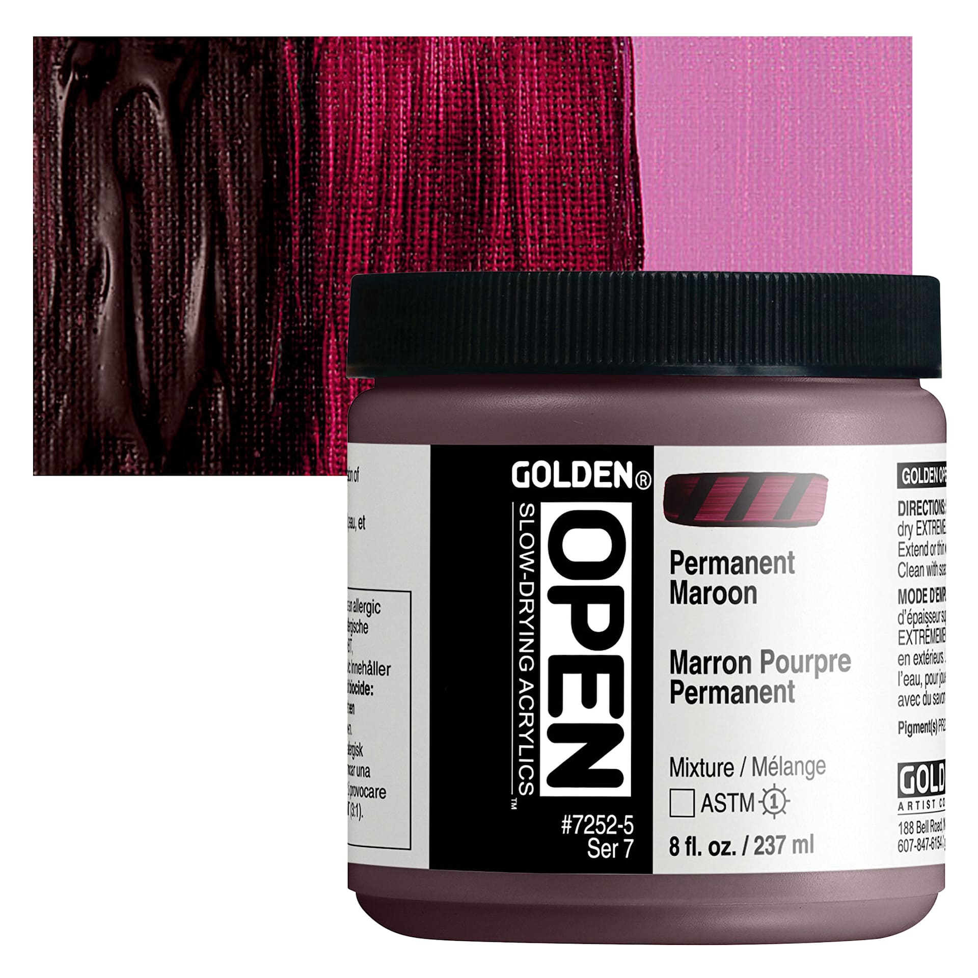 Golden Open Acrylic - Permanent Maroon, 8 oz Jar and swatch