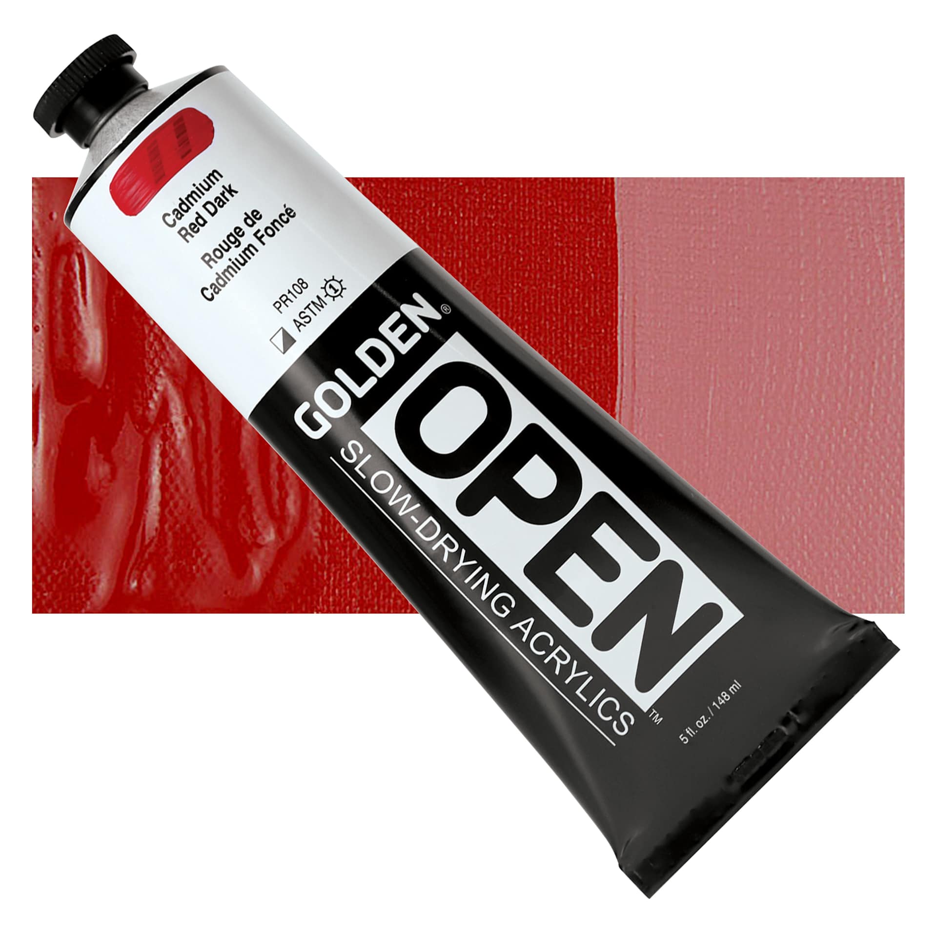 Golden Open Acrylic - Cadmium Red Dark, 5 oz Tube and swatch