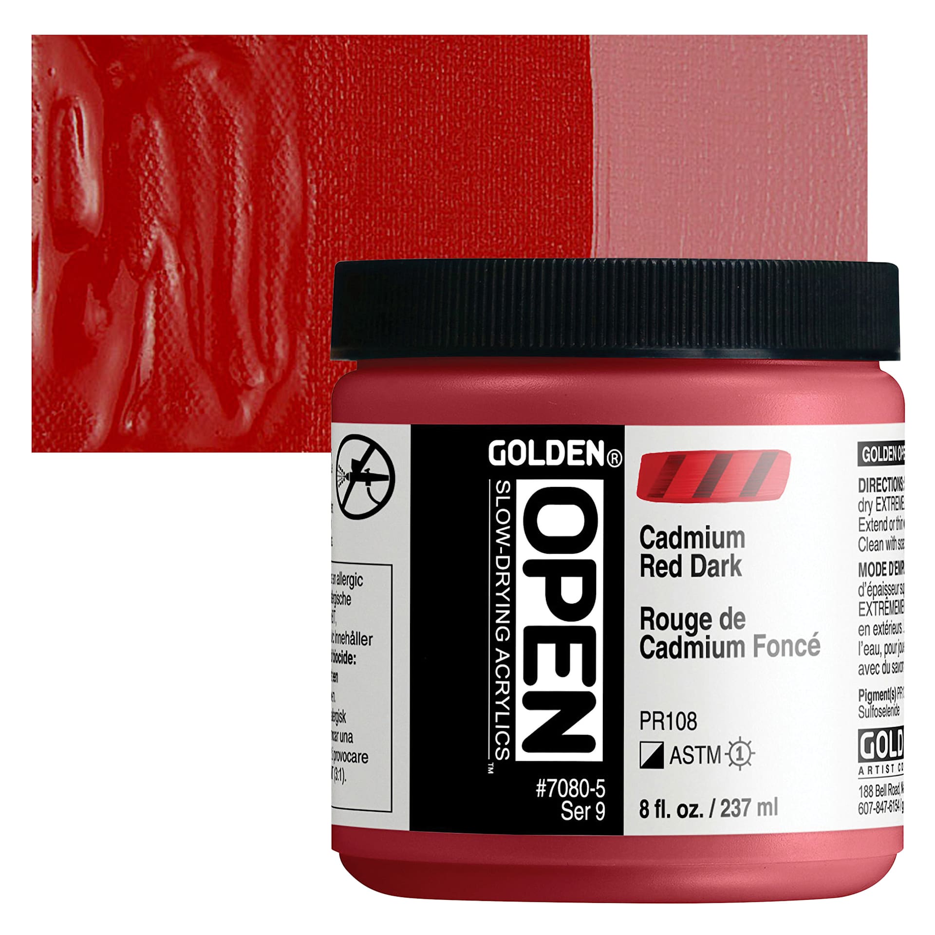 Golden Open Acrylic - Cadmium Red Dark, 8 oz Jar and swatch