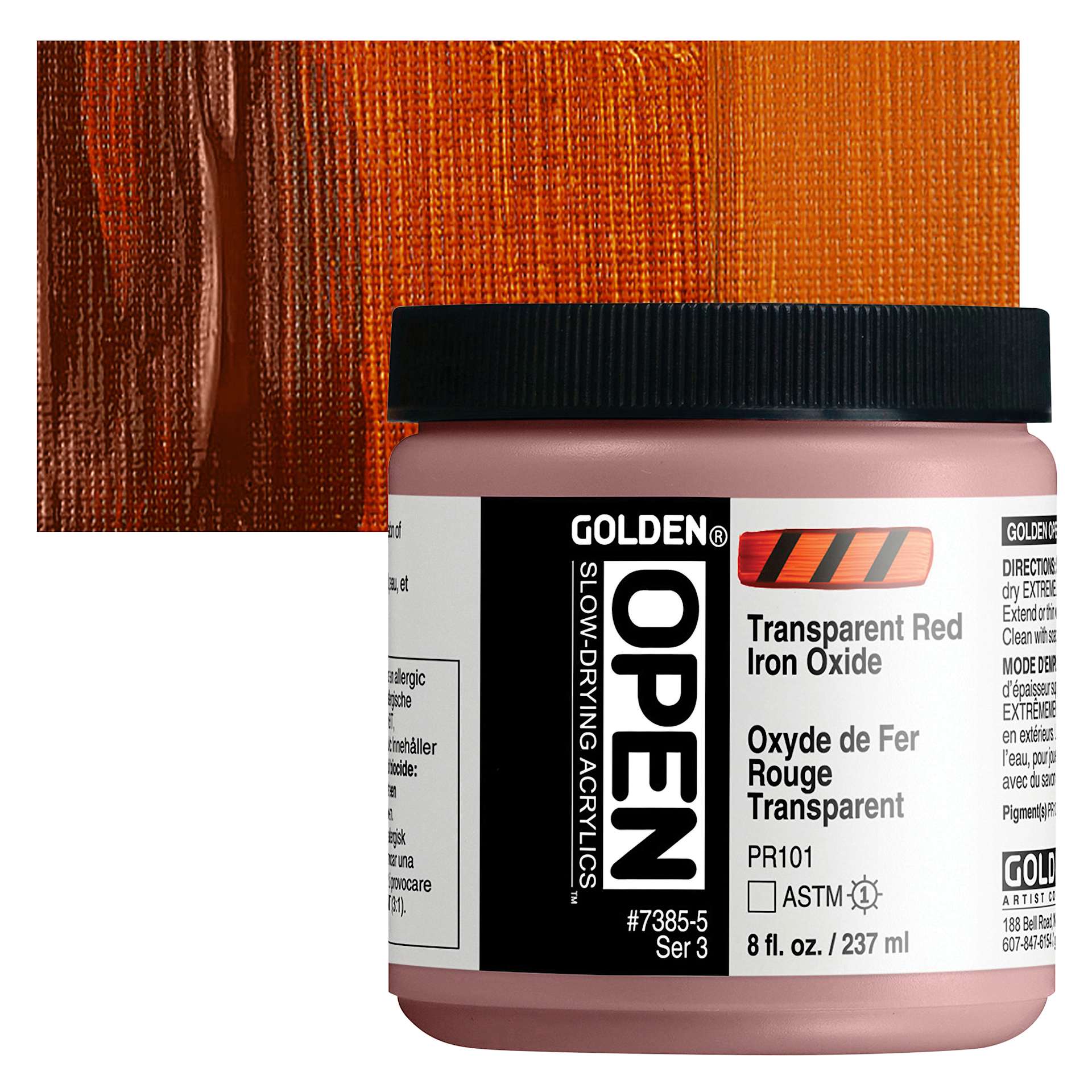 Golden Open Acrylic - Transparent Red Iron Oxide, 8 oz Jar and swatch
