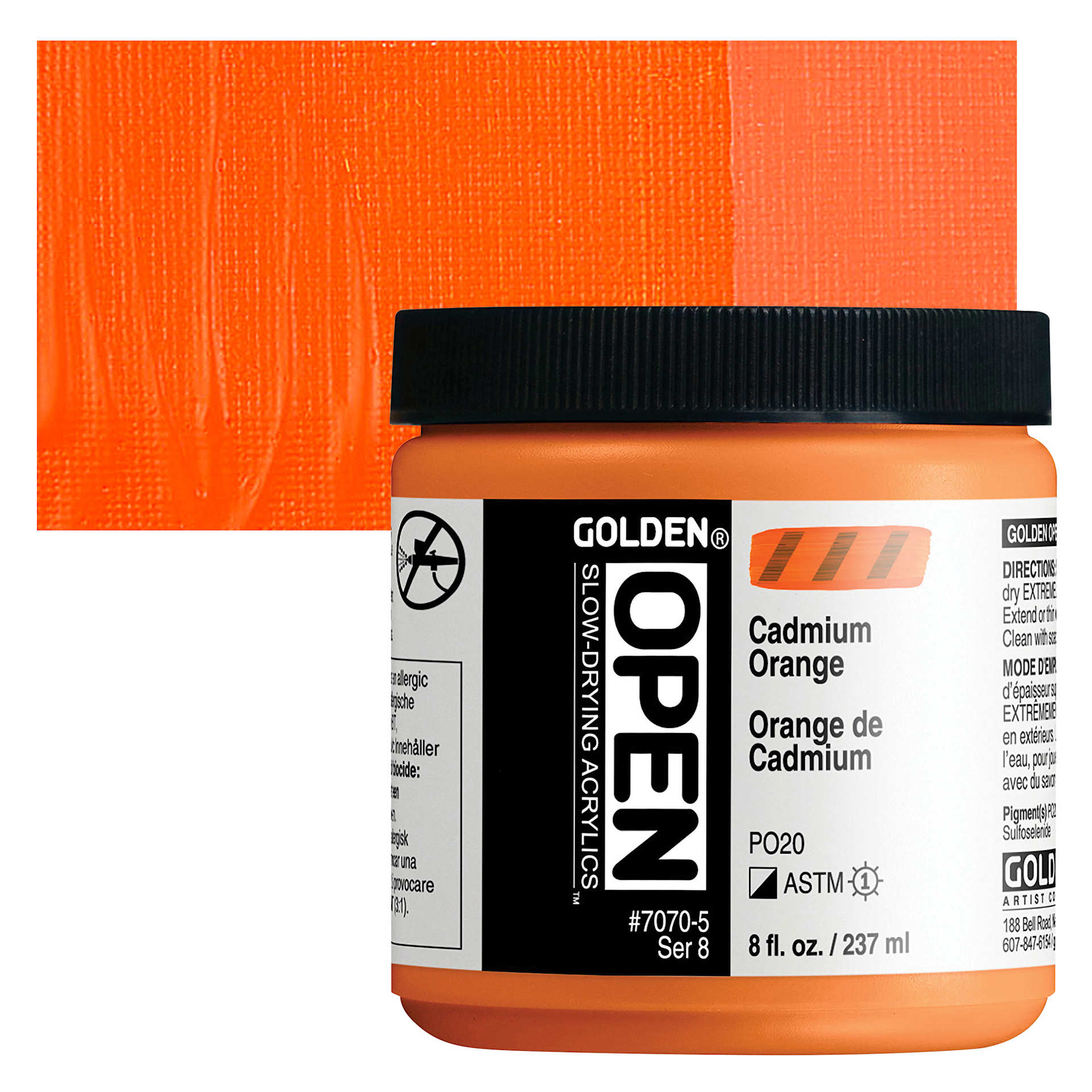 Golden Open Acrylic - Cadmium Orange, 8 oz Jar and swatch