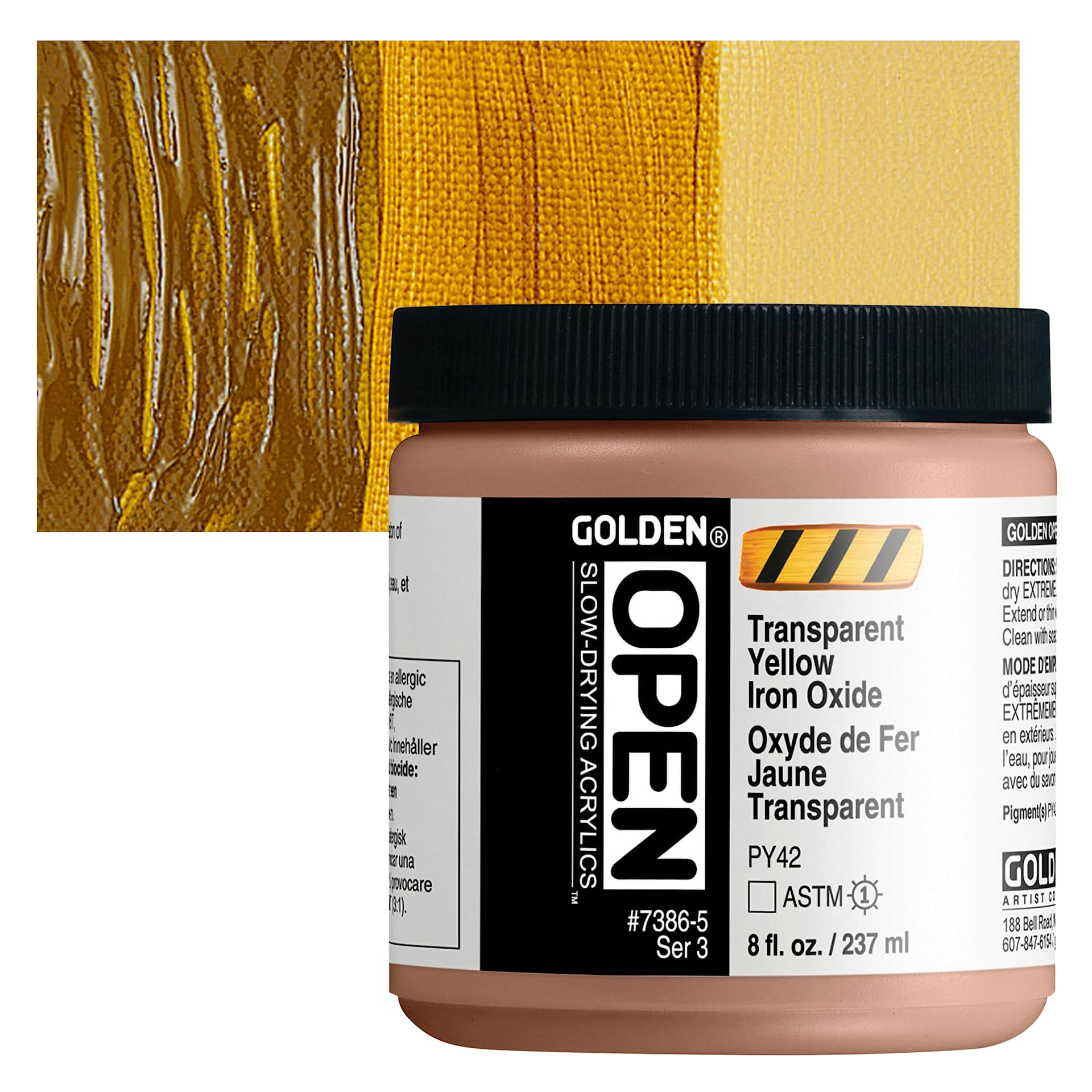 Golden Open Acrylic - Transparent Yellow Iron Oxide, 8 oz Jar and swatch