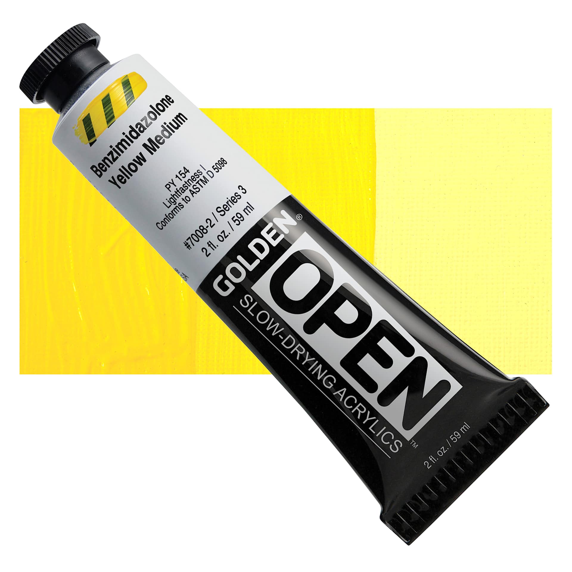 Golden Open Acrylic - Benzimidazolone Yellow Medium, 2 oz Tube and swatch