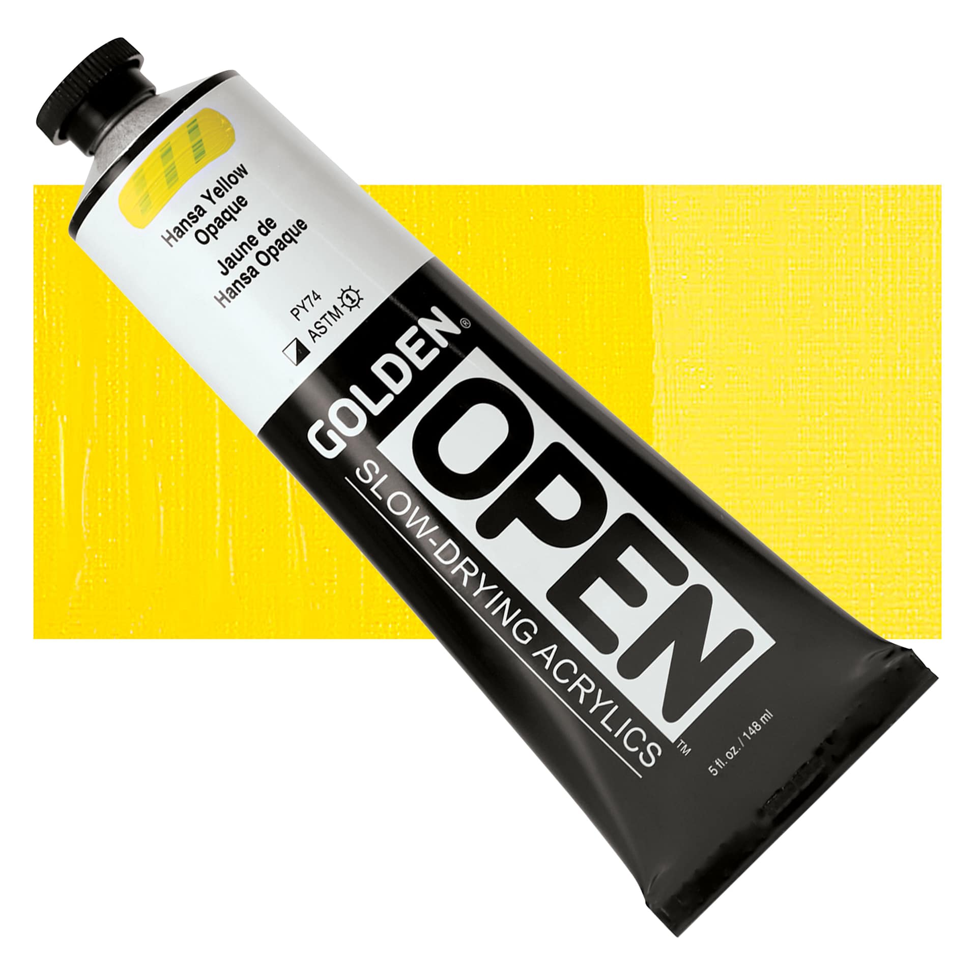 Golden Open Acrylic - Hansa Yellow Opaque, 5 oz Tube and swatch
