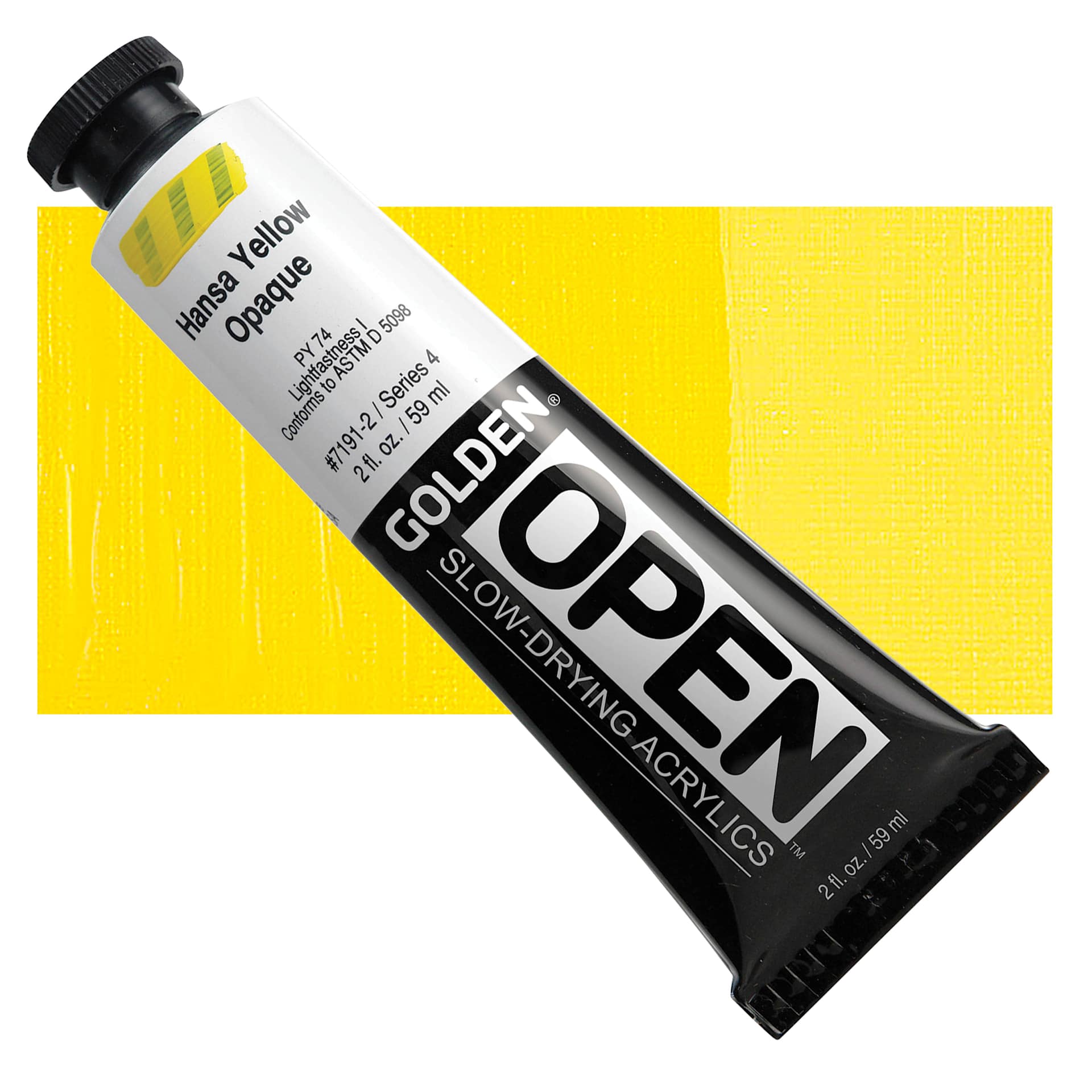Golden Open Acrylic - Hansa Yellow Opaque, 2 oz Tube and swatch