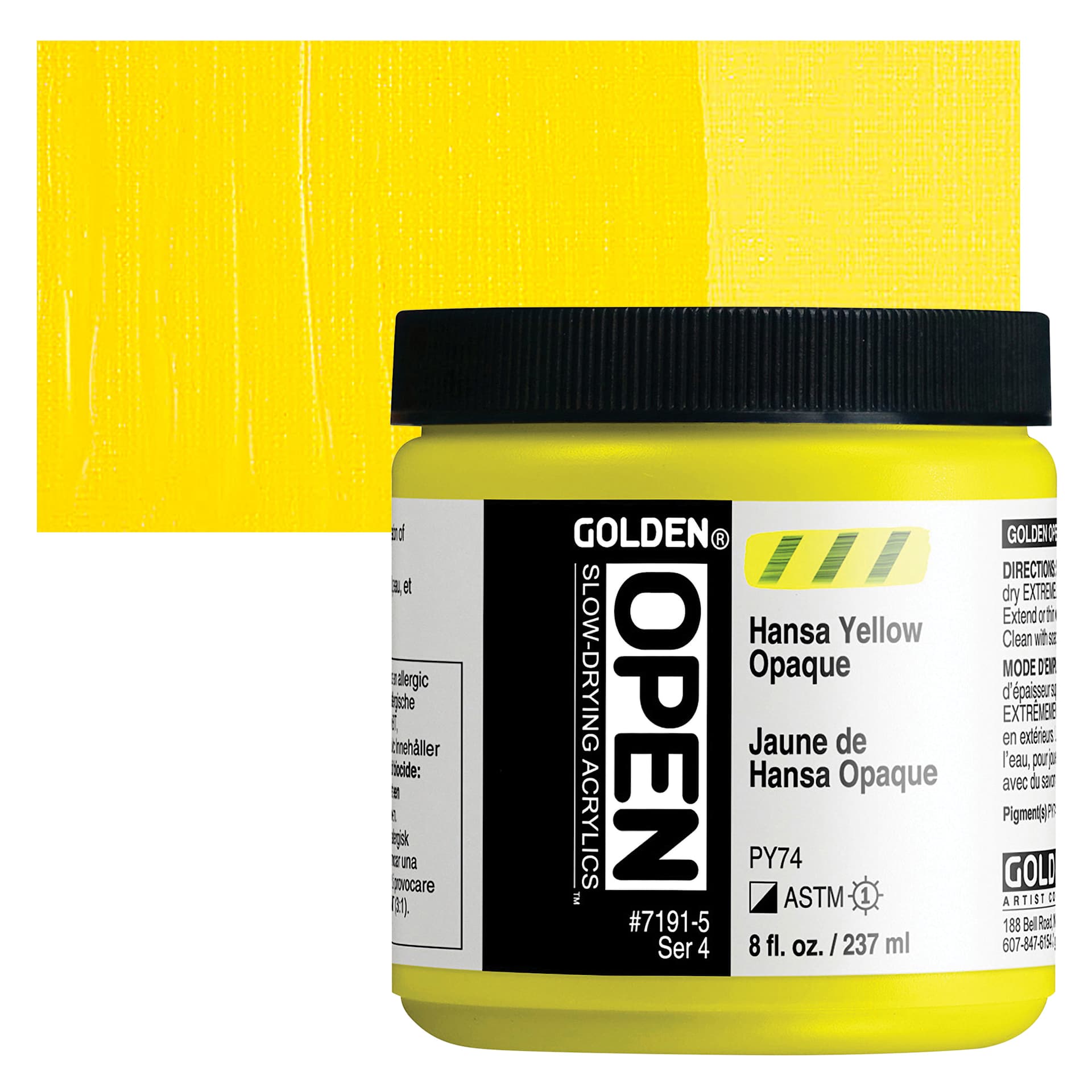 Golden Open Acrylic - Hansa Yellow Opaque, 8 oz Jar and swatch