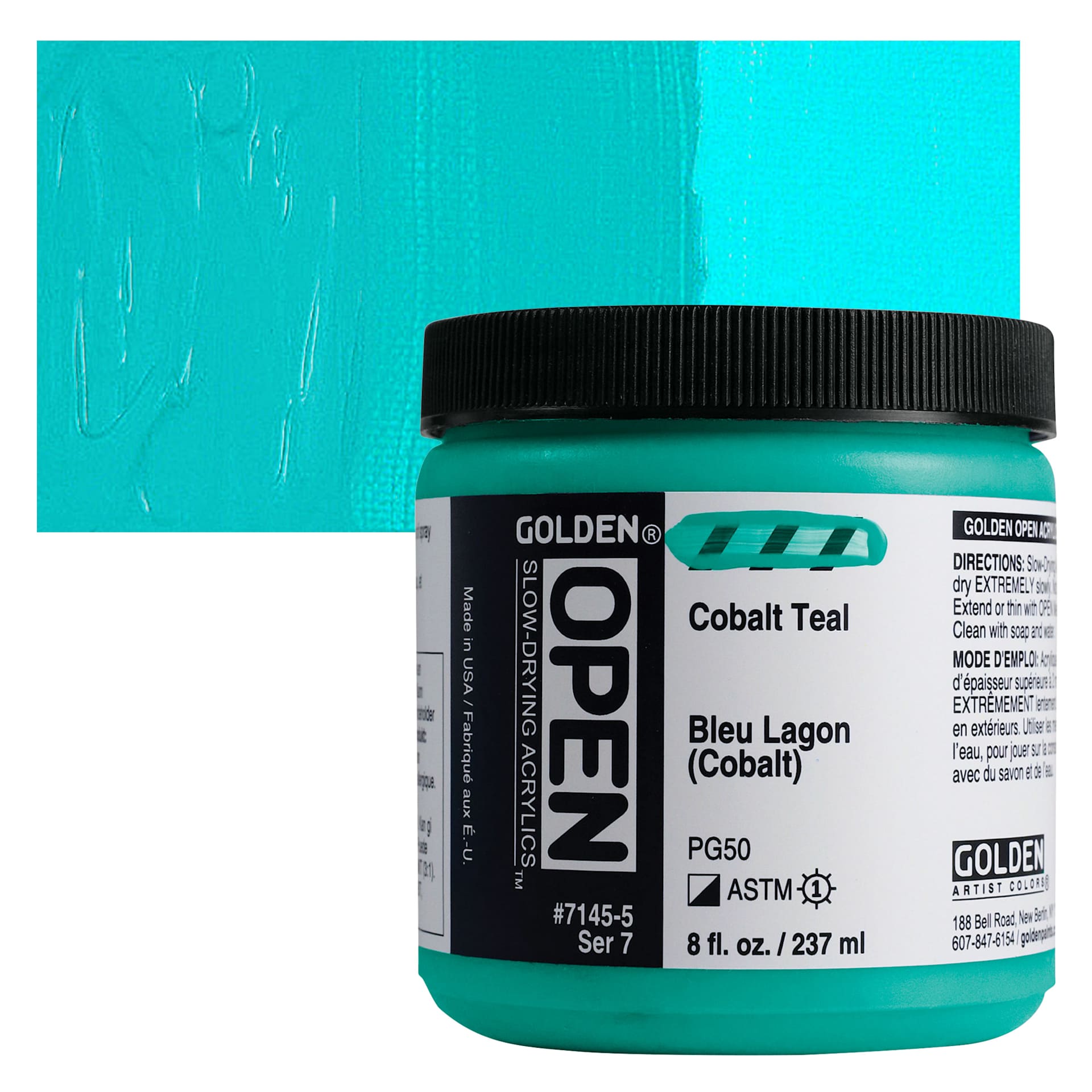 Golden Open Acrylic - Cobalt Teal, 8 oz Jar and swatch