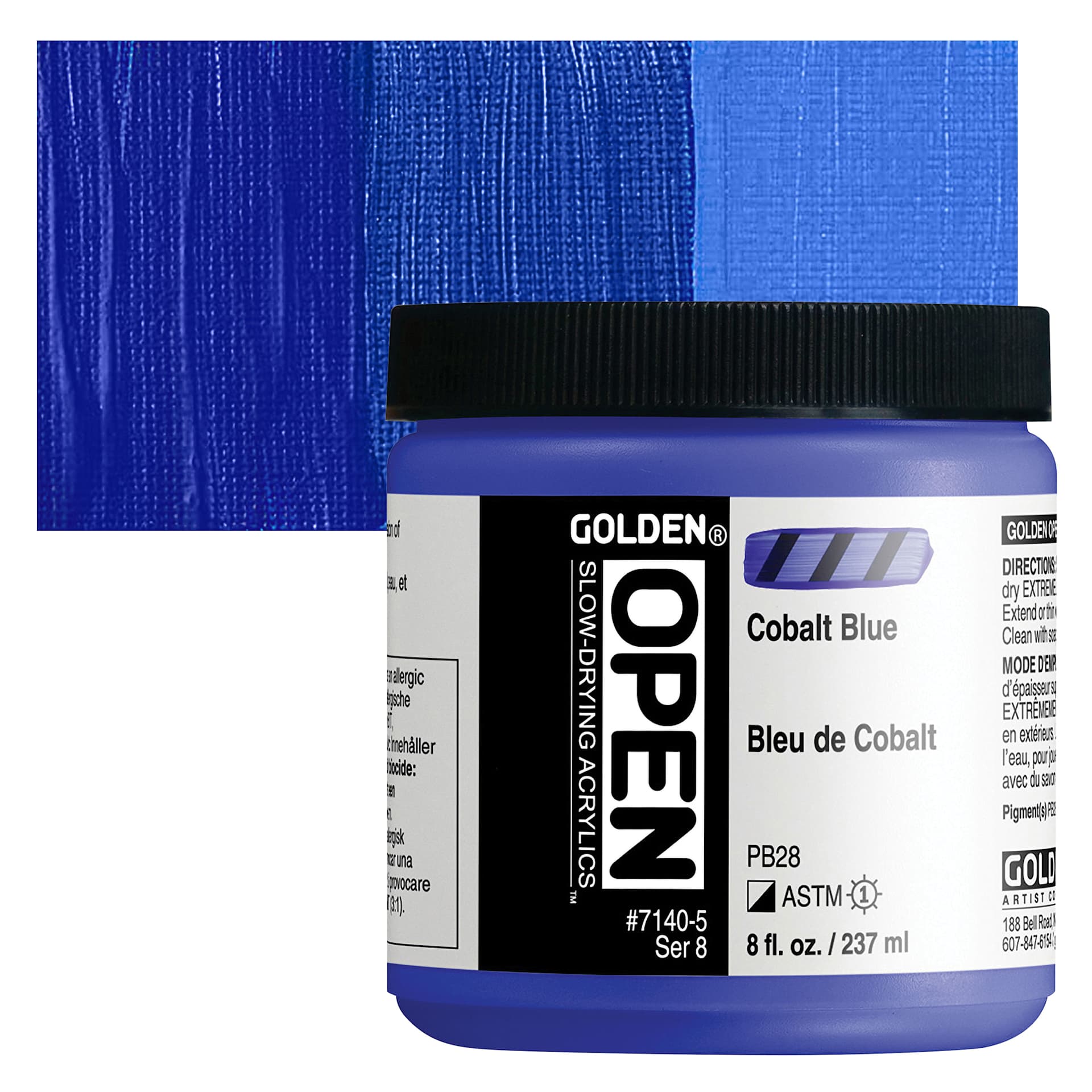 Golden Open Acrylic - Cobalt Blue, 8 oz Jar and swatch
