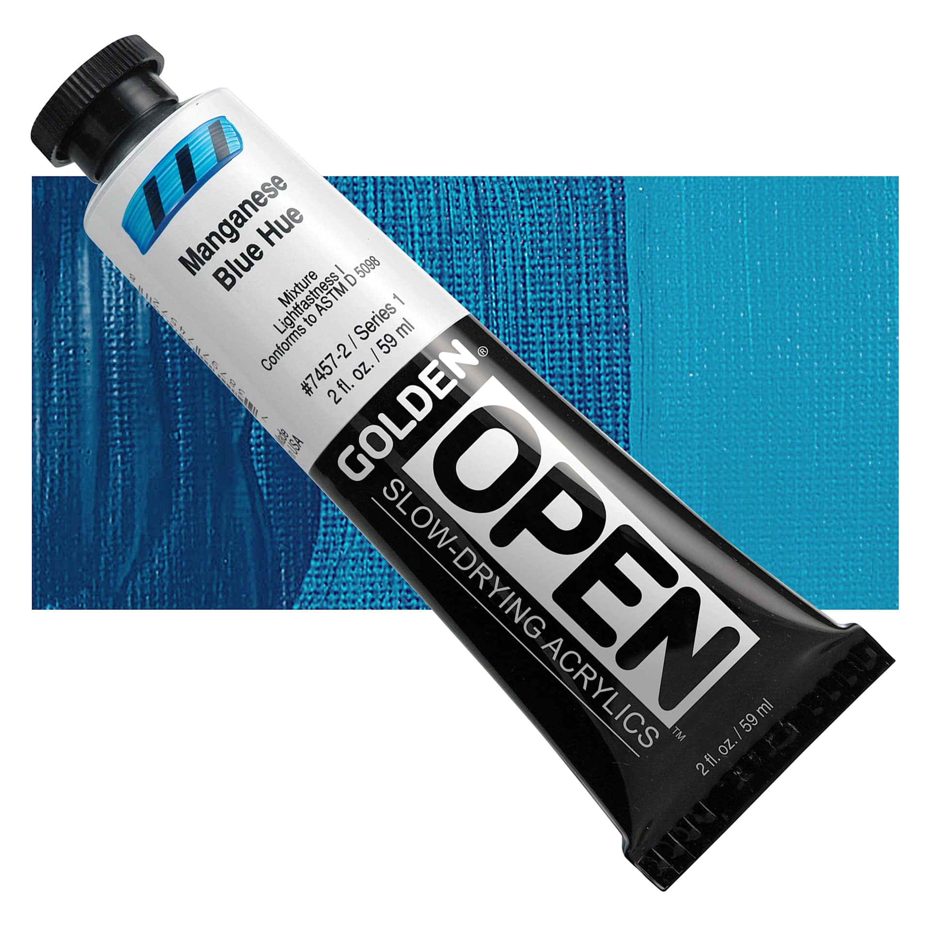 Golden Open Acrylic - Manganese Blue Hue, 2 oz Tube and swatch
